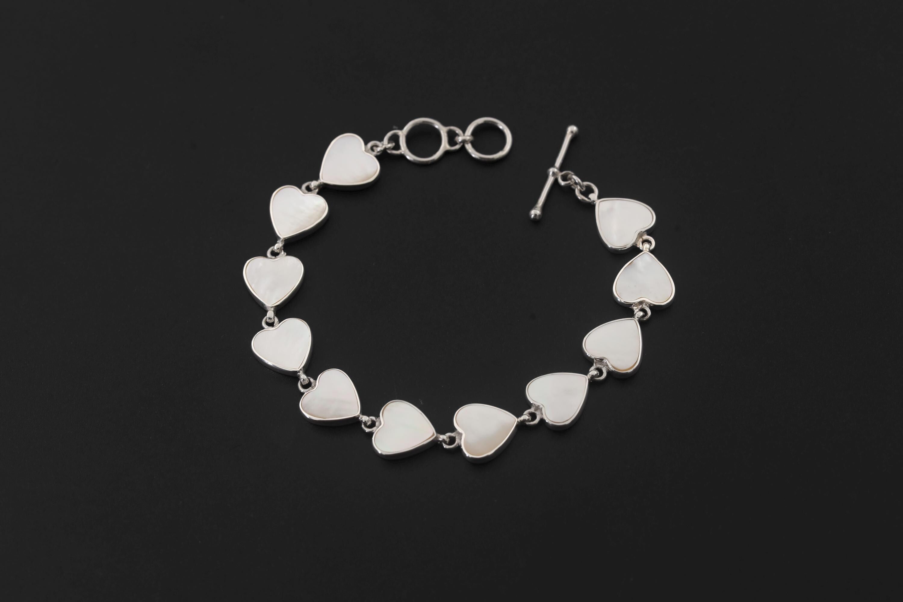 Sterling Silver Bracelets Mother of Pearl Heart Love Link Jewelry High Polish Romantic Gift Heart Chakra Bracelet