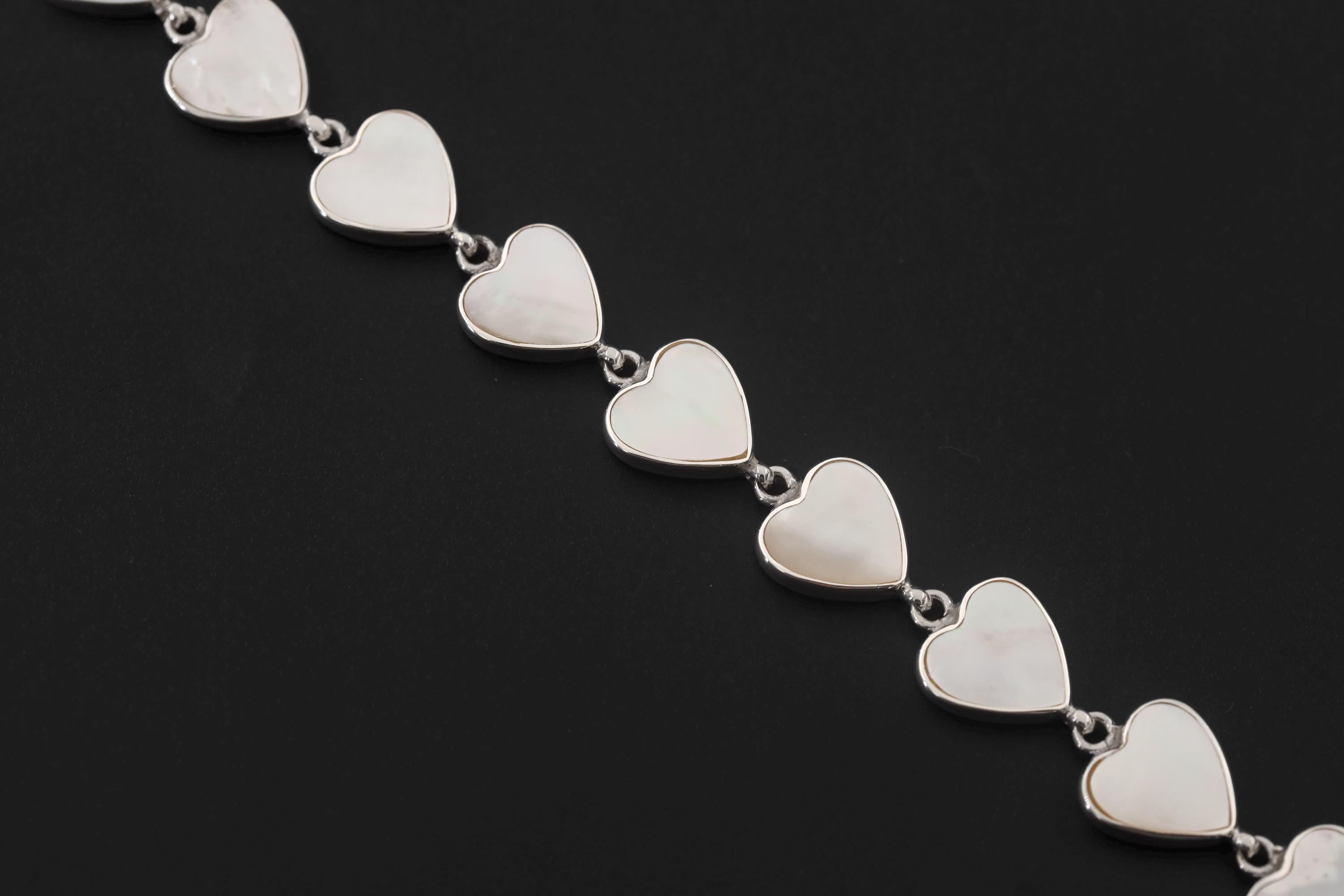 Sterling Silver Bracelets Mother of Pearl Heart Love Link Jewelry High Polish Romantic Gift Heart Chakra Bracelet