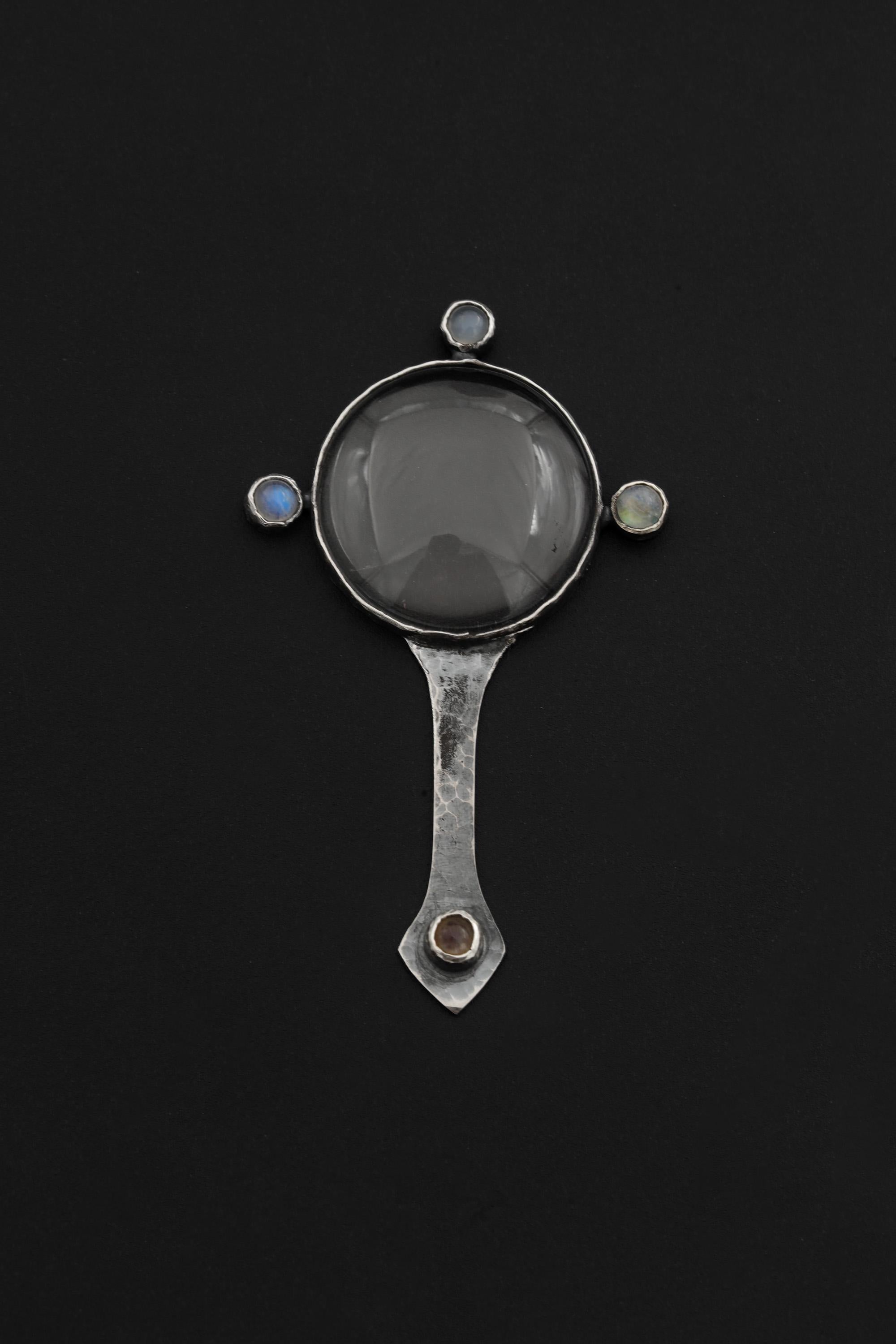 Sterling Silver Moonstone Magnifying Glass Pendant: Hammered Oxidized Blue Flash Gemstone Tool