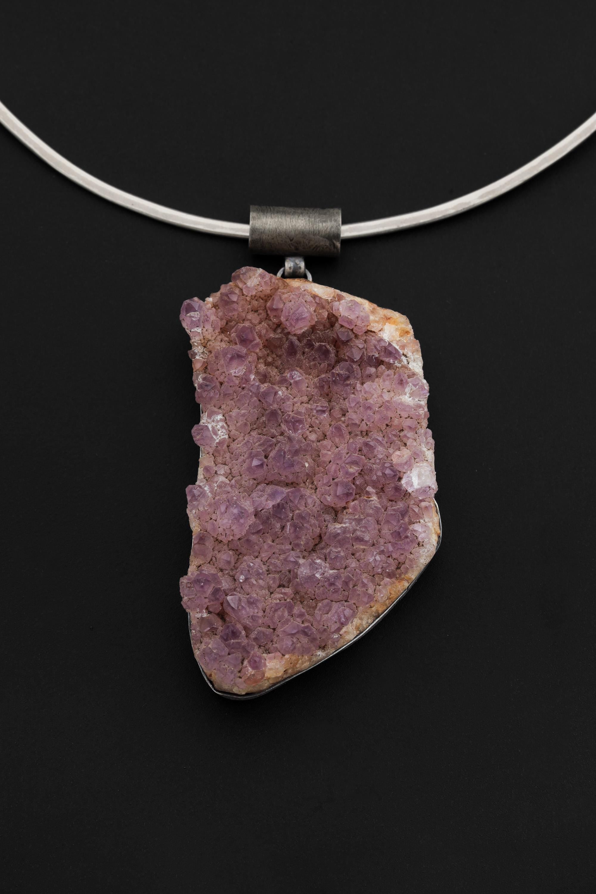 Raw Amethyst Druzy Pendant, Oxidized Sterling Silver, Natural Crystal Necklace