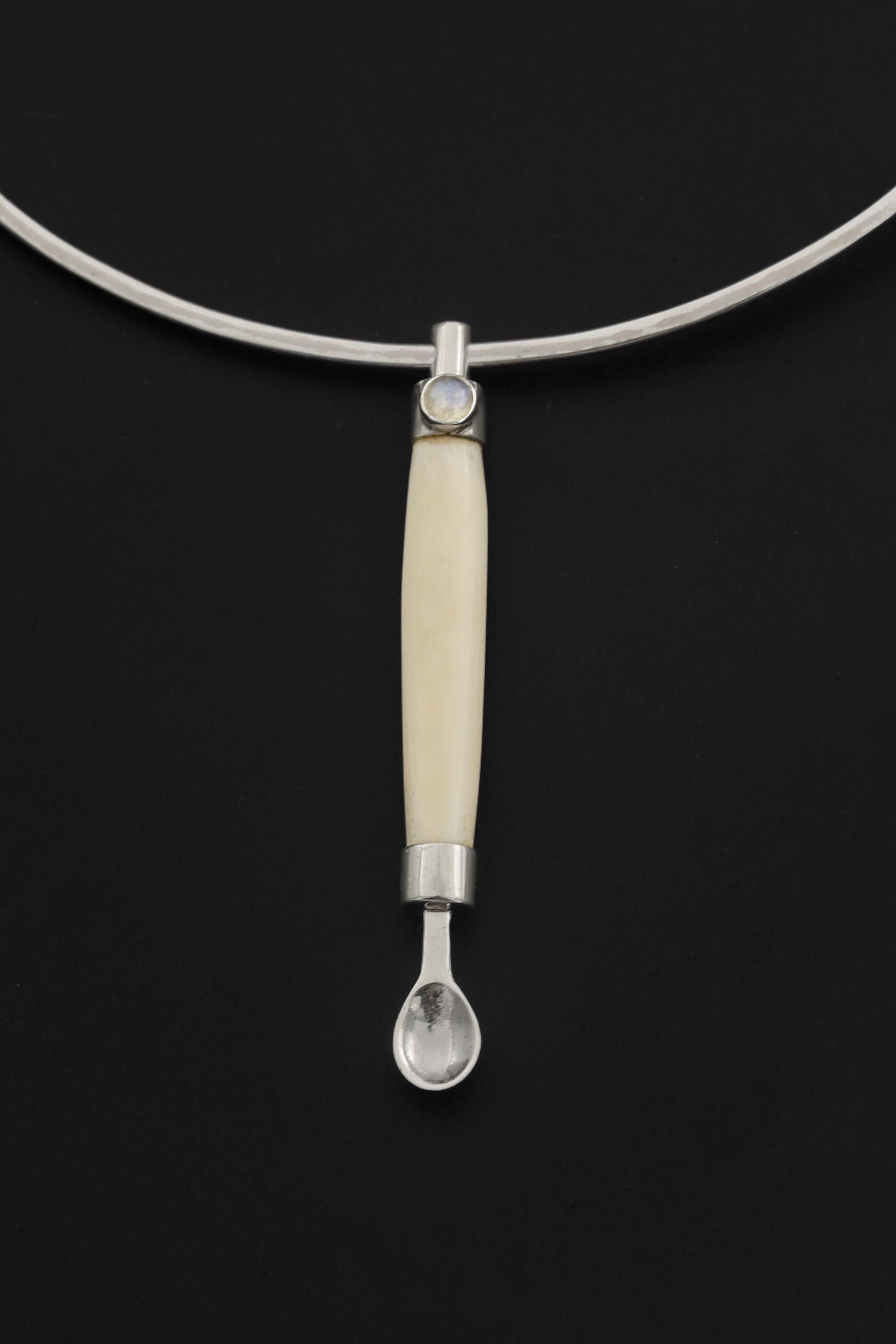 Blue Moonstone Bone Spoon Pendant Sterling Silver 925 Handmade Ritual Jewelry Lunar Necklace Crown Chakra Gift