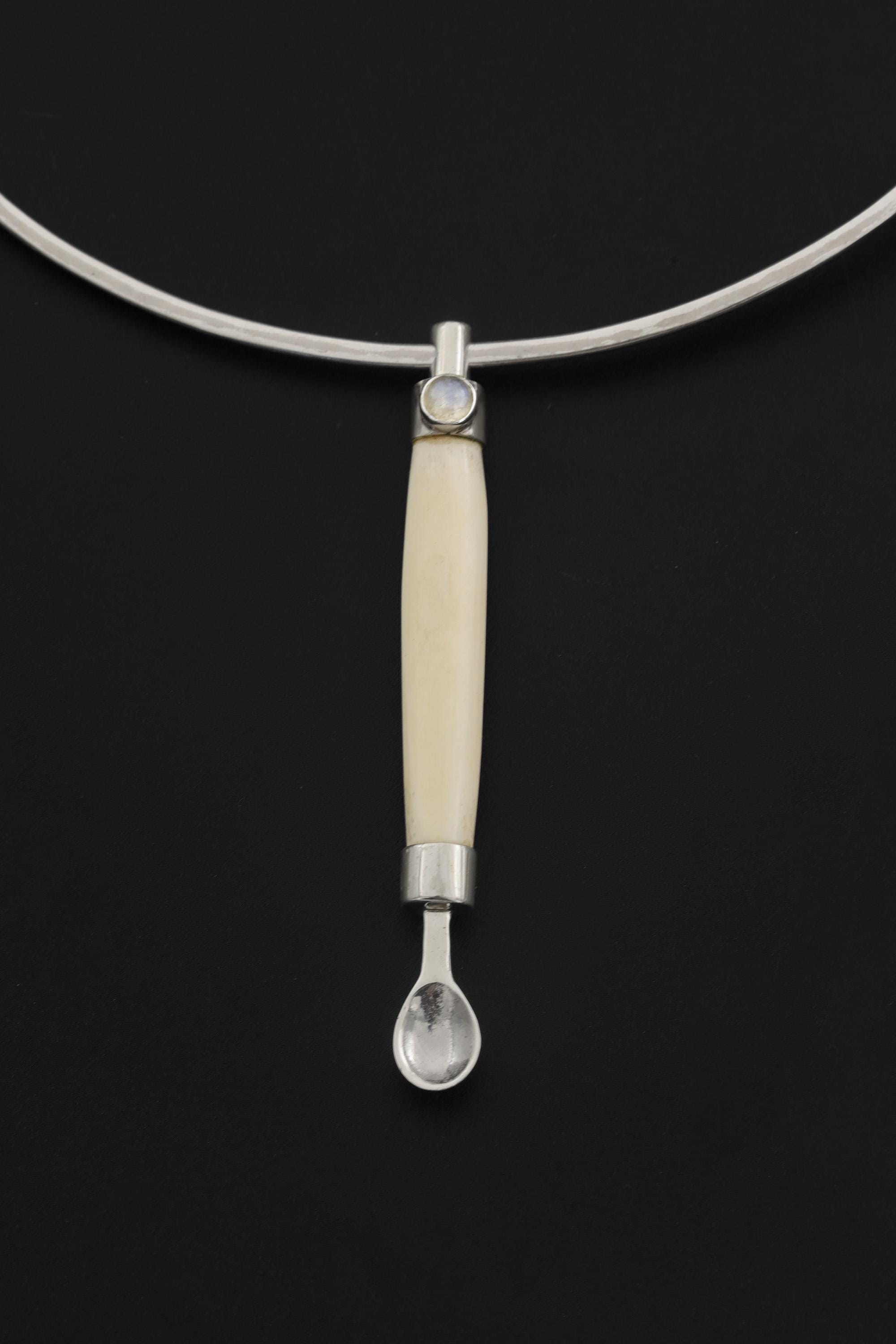Blue Moonstone Bone Spoon Pendant Sterling Silver 925 Handmade Ritual Jewelry Lunar Necklace Crown Chakra Gift