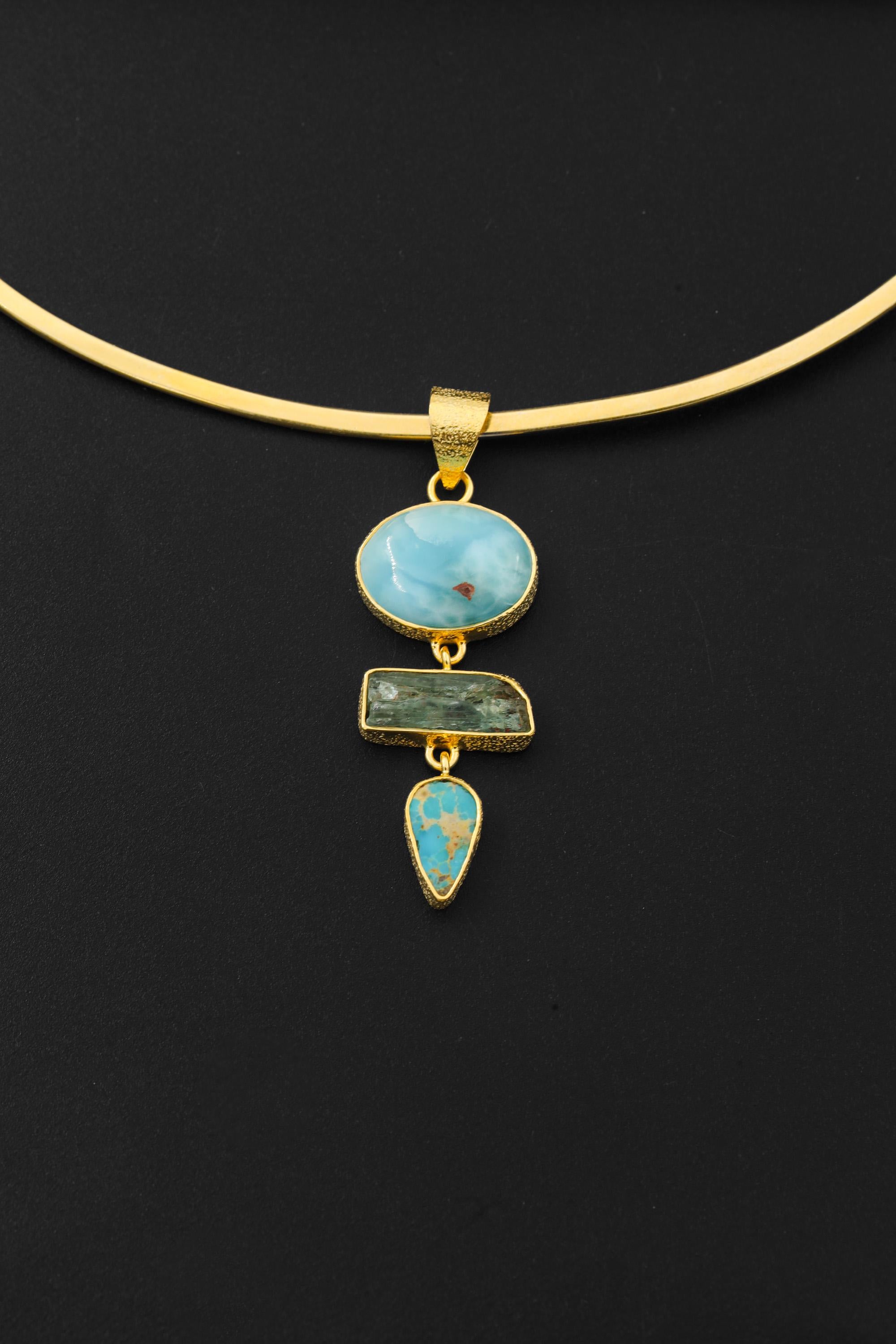 Larimar Aquamarine Turquoise Pendant, Gold Plated Silver, Boho Talisman