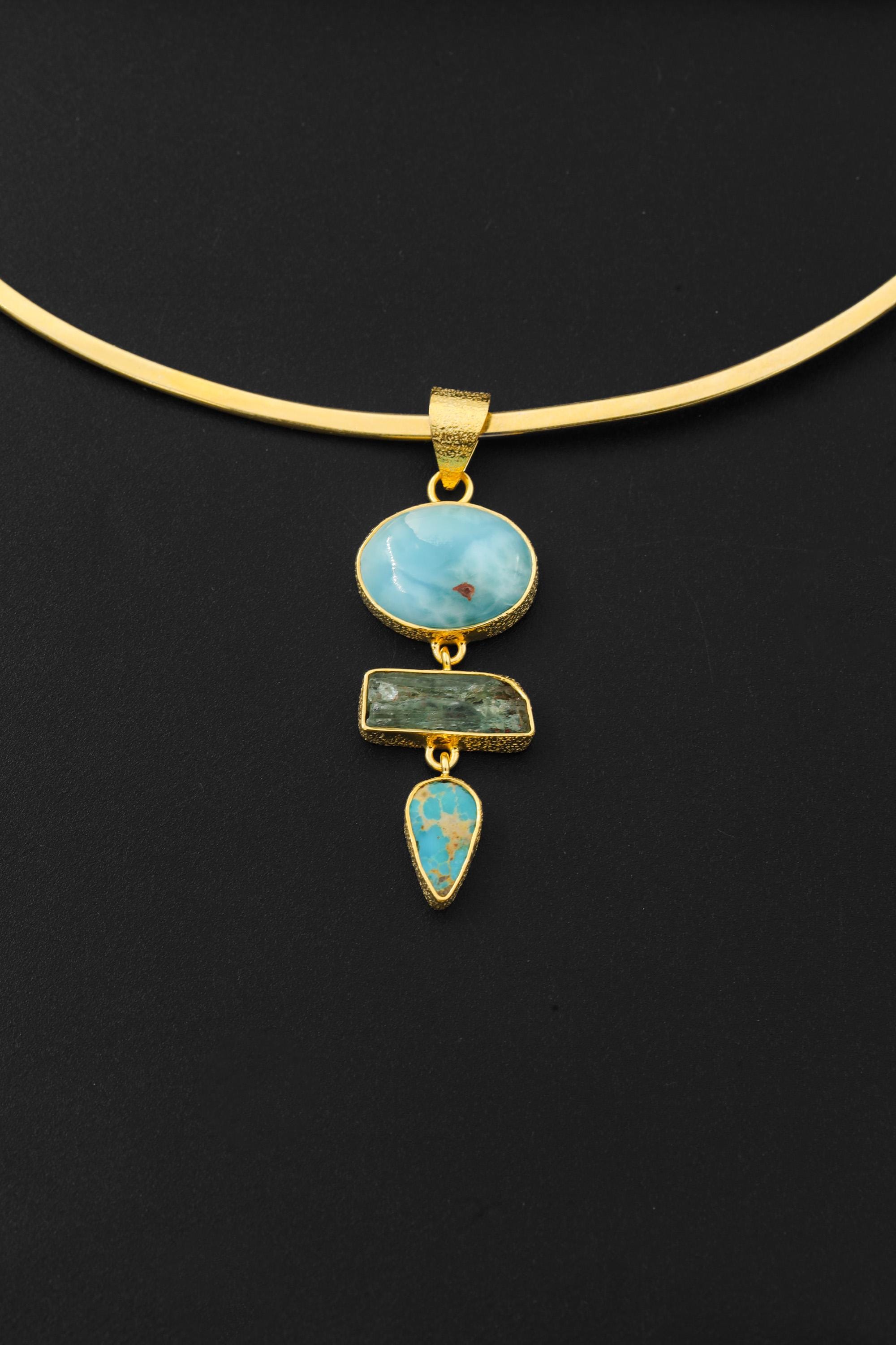 Larimar Aquamarine Arizona Turquoise Necklace 925 Sterling Silver Gold Plated Stack Pendant Ocean Talisman