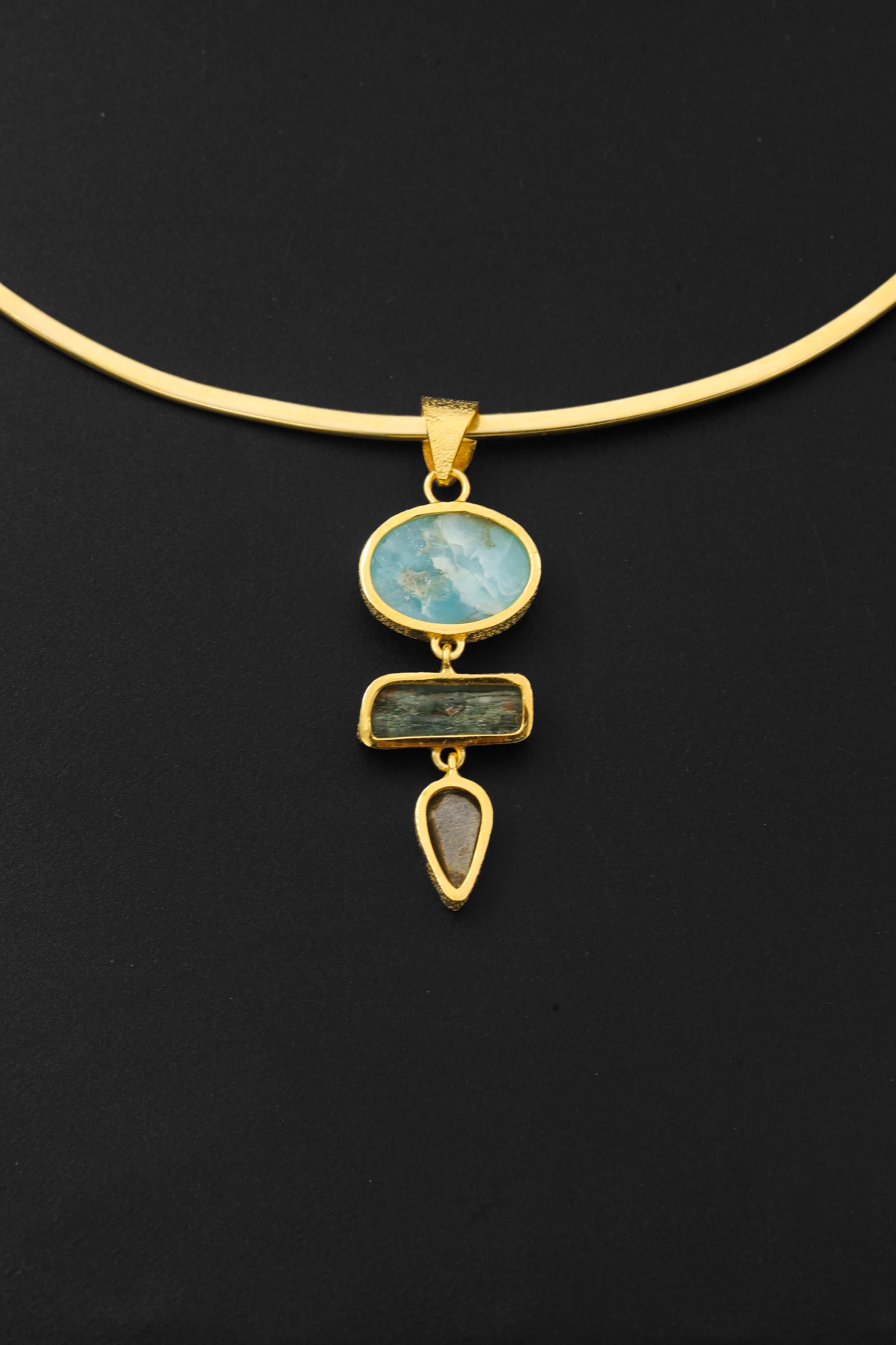 Larimar Aquamarine Turquoise Pendant, Gold Plated Silver, Boho Talisman