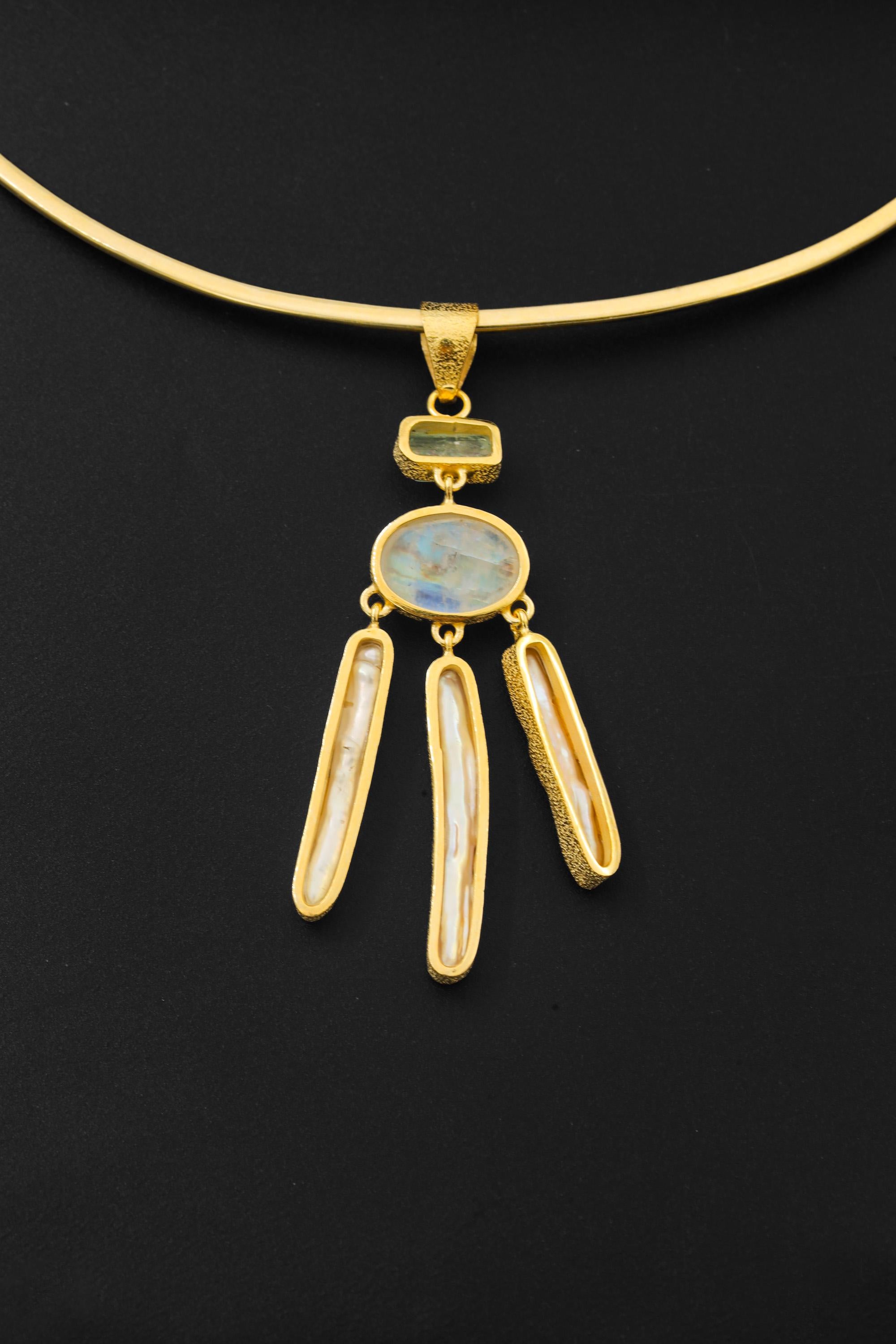 Aquamarine Moonstone Pearl Pendant, 18k Gold Plated Sterling Silver