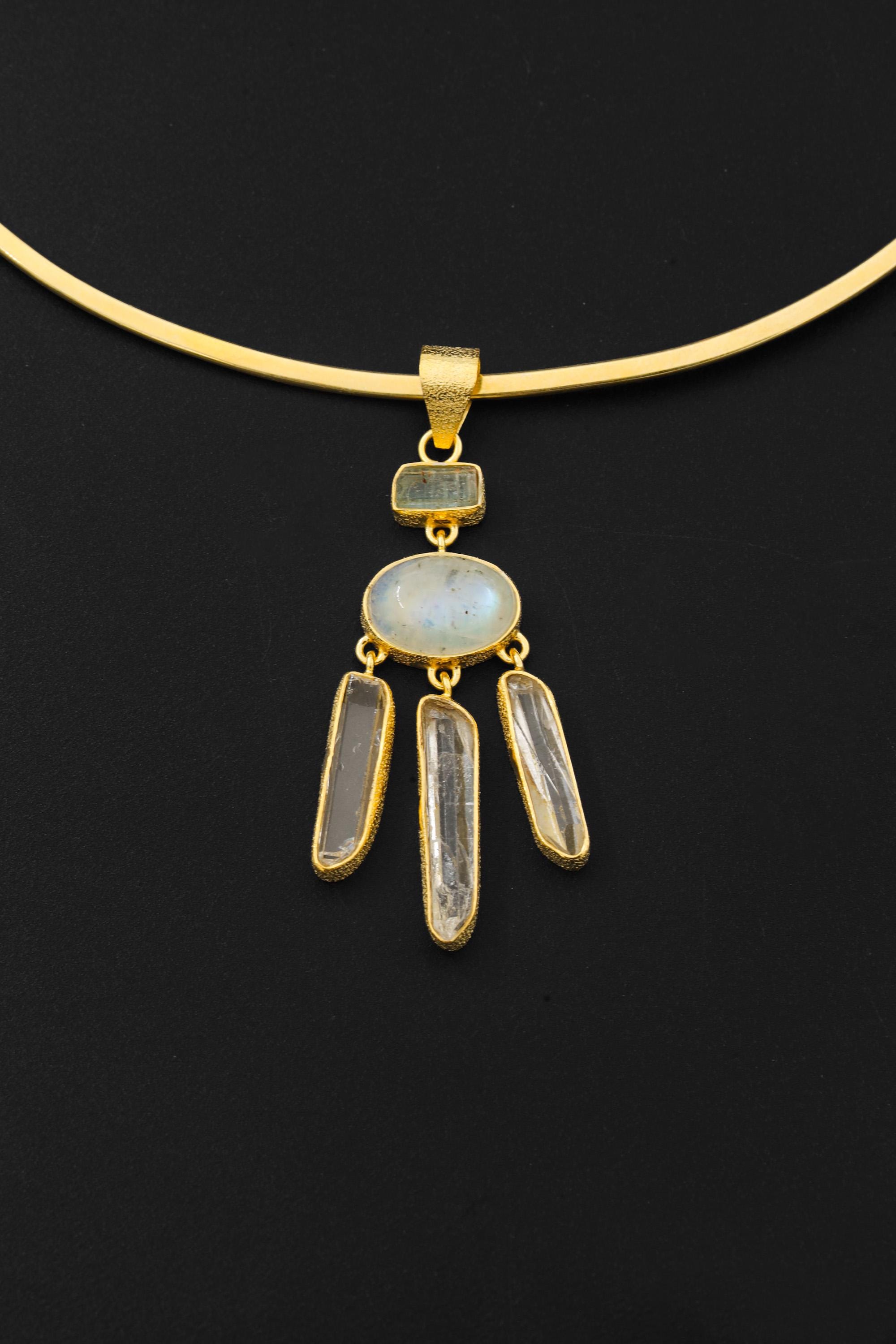 Aquamarine Moonstone Clear Quartz Pendant 18k Gold Plated Silver Tribal Texture Meditation Necklace Gift