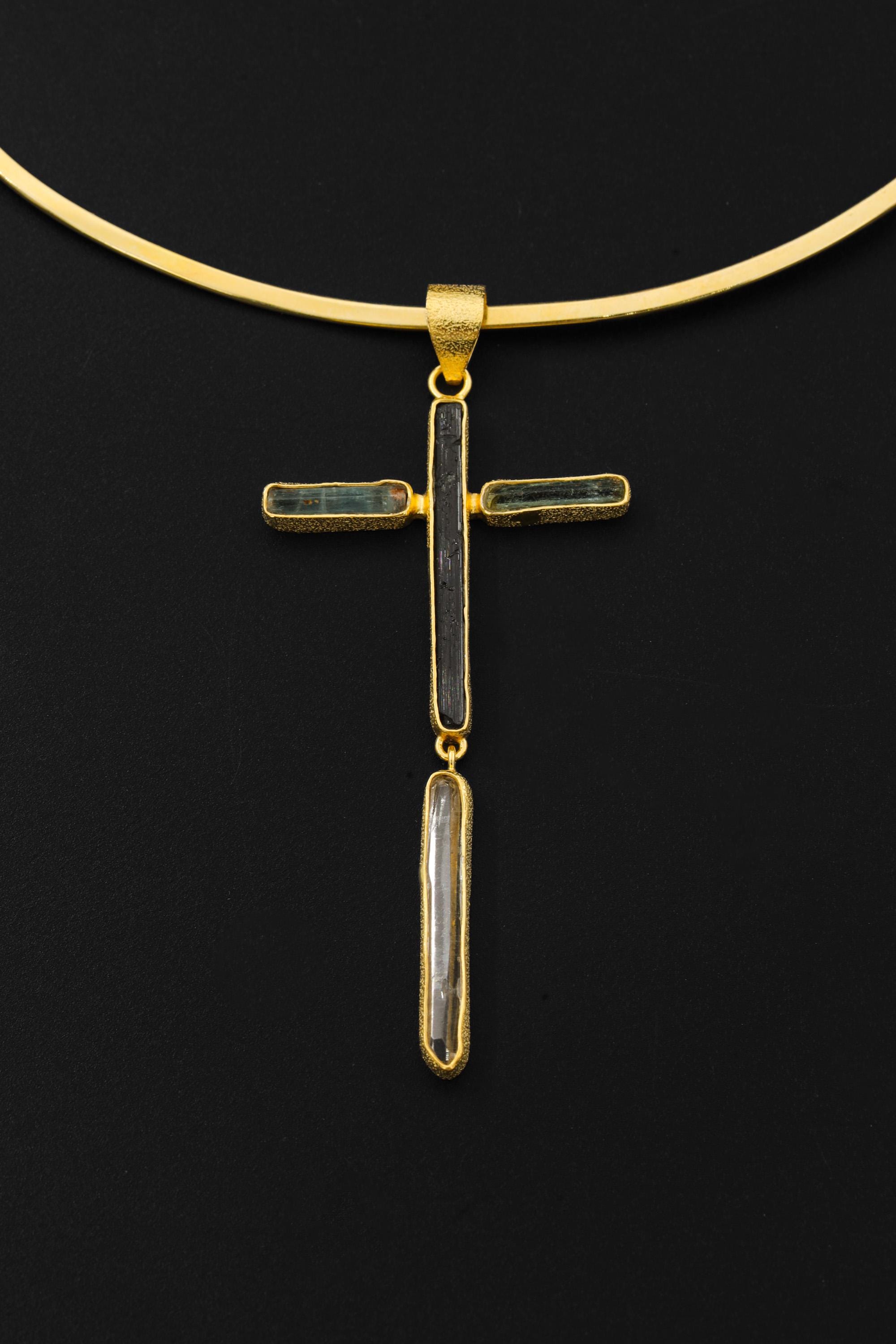 Aquamarine Black Tourmaline Cross Pendant, 18K Gold Plated Silver, Spiritual Necklace