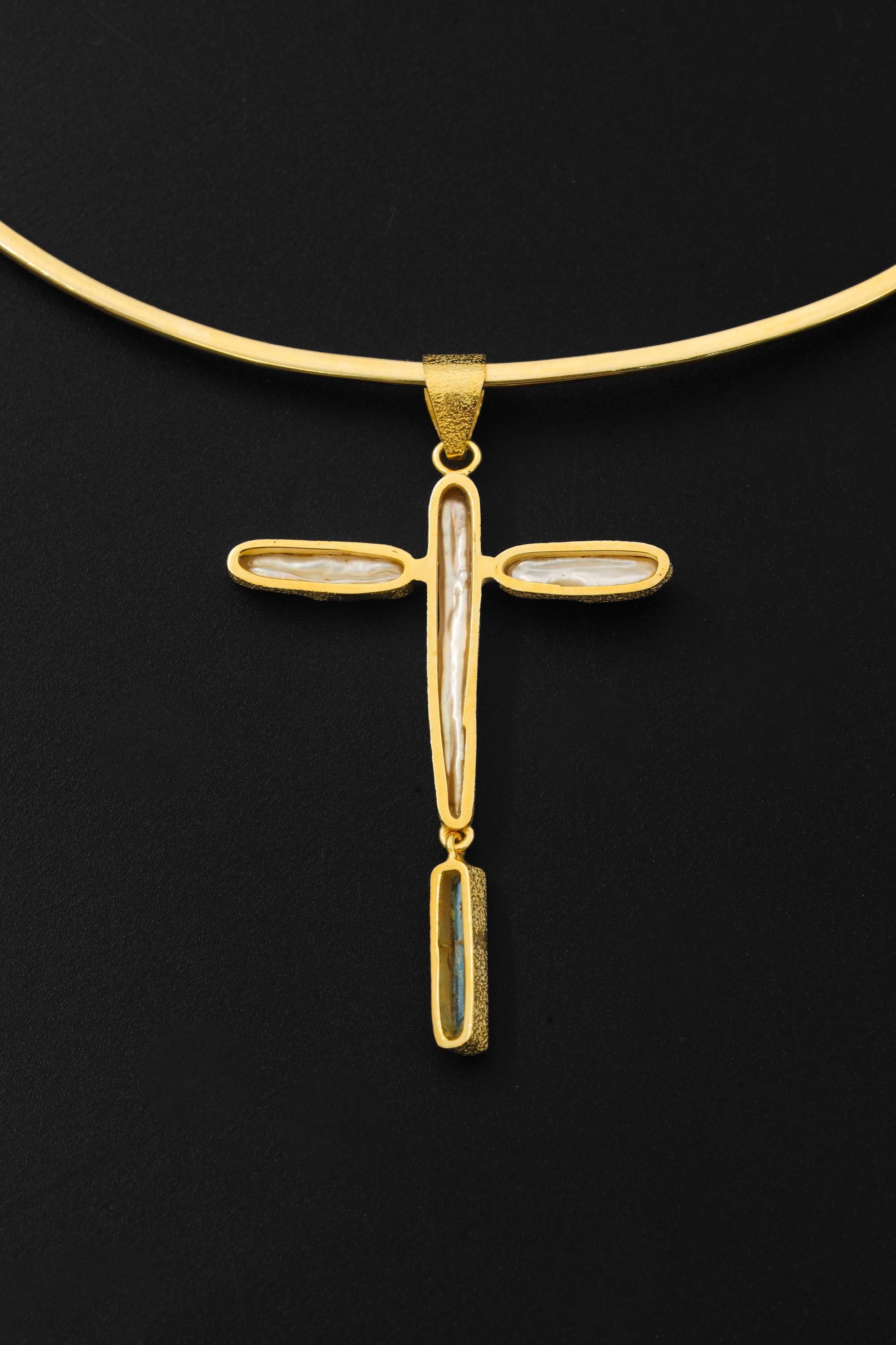 Raw Aquamarine Pearl Cross Pendant, 18k Gold Plated Silver