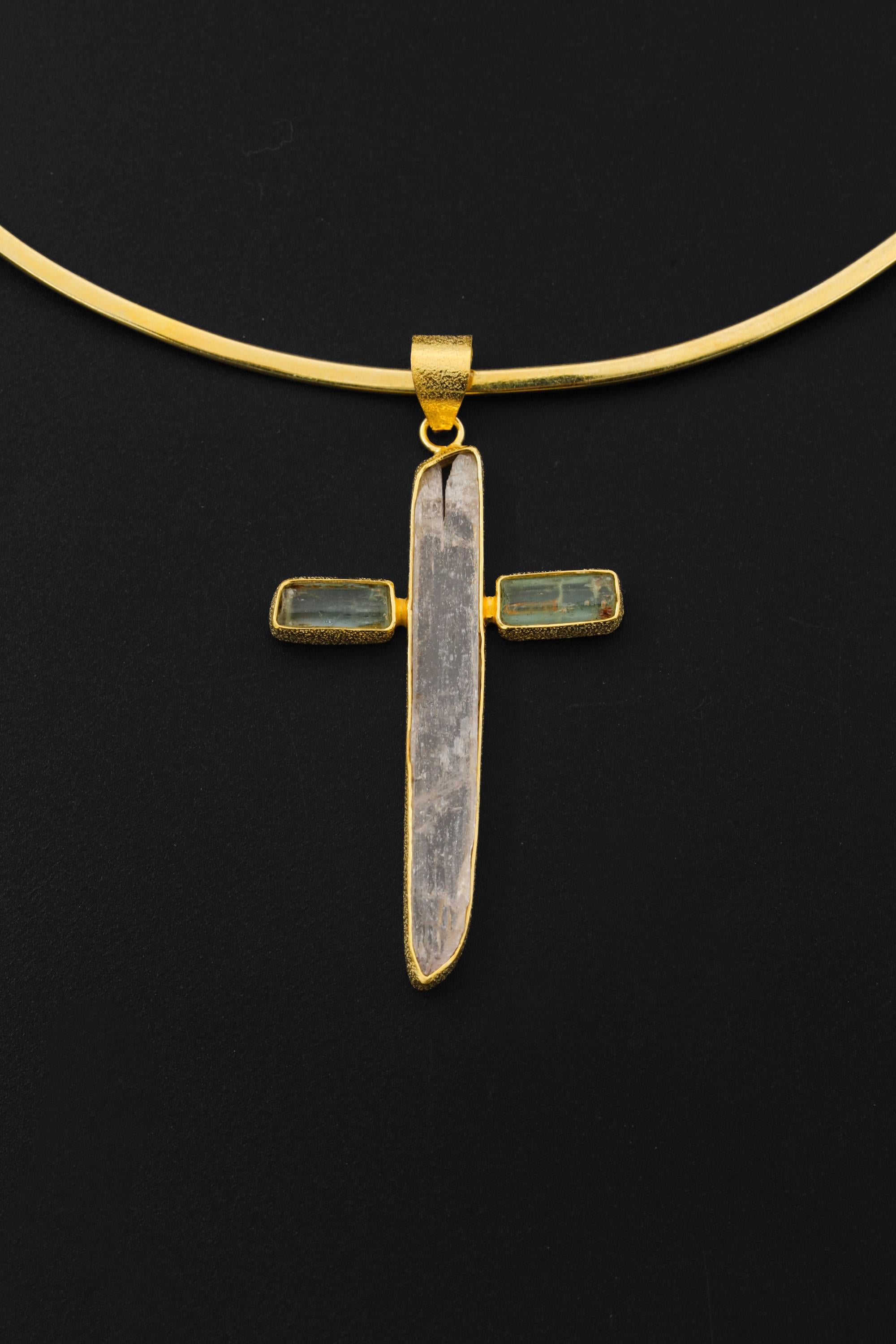 Handmade Kunzite Aquamarine Cross Pendant, 18k Gold Plated Silver