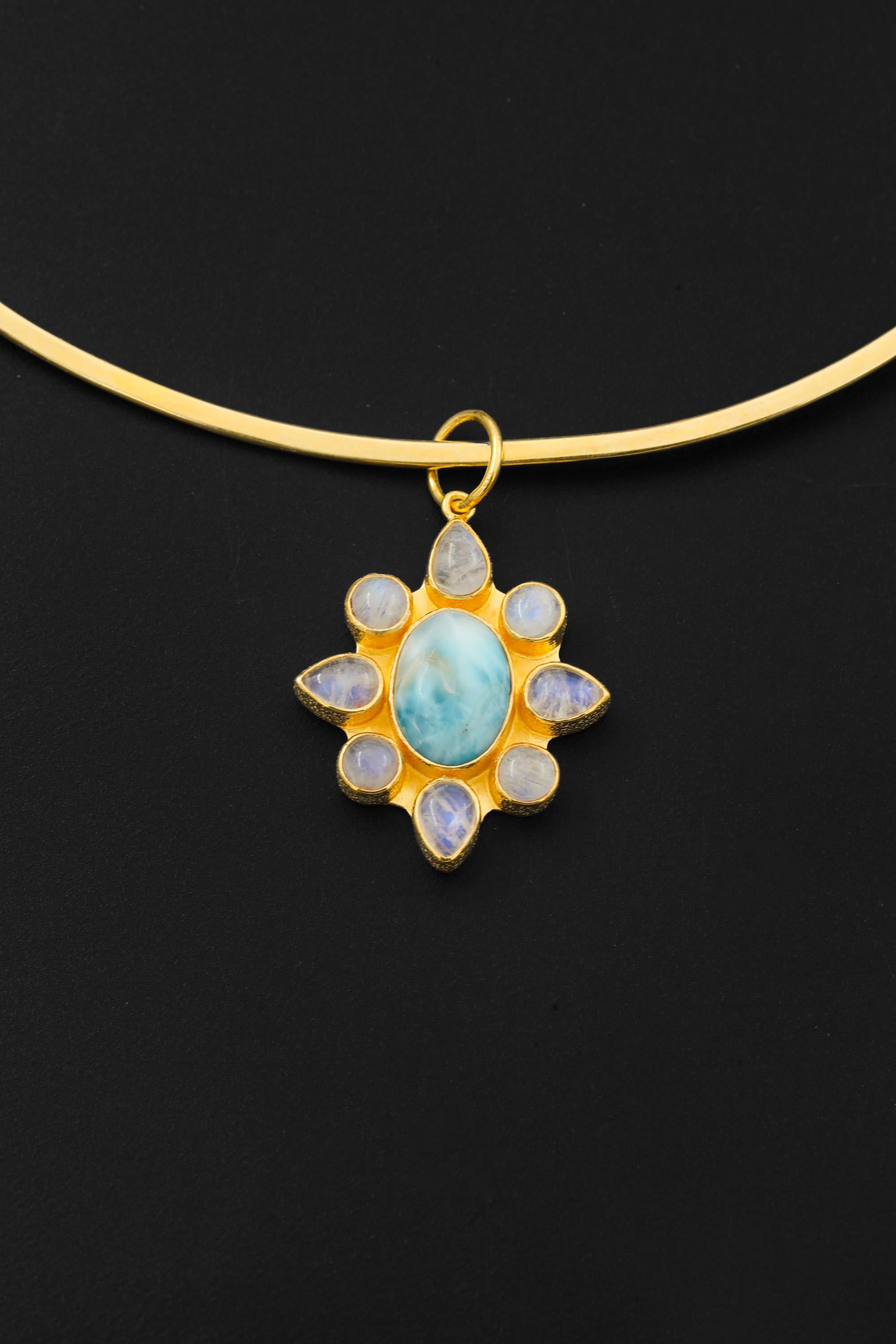 Larimar Blue Moonstone Flower Pendant, 18K Gold Plated 925 Silver, Handmade Amulet