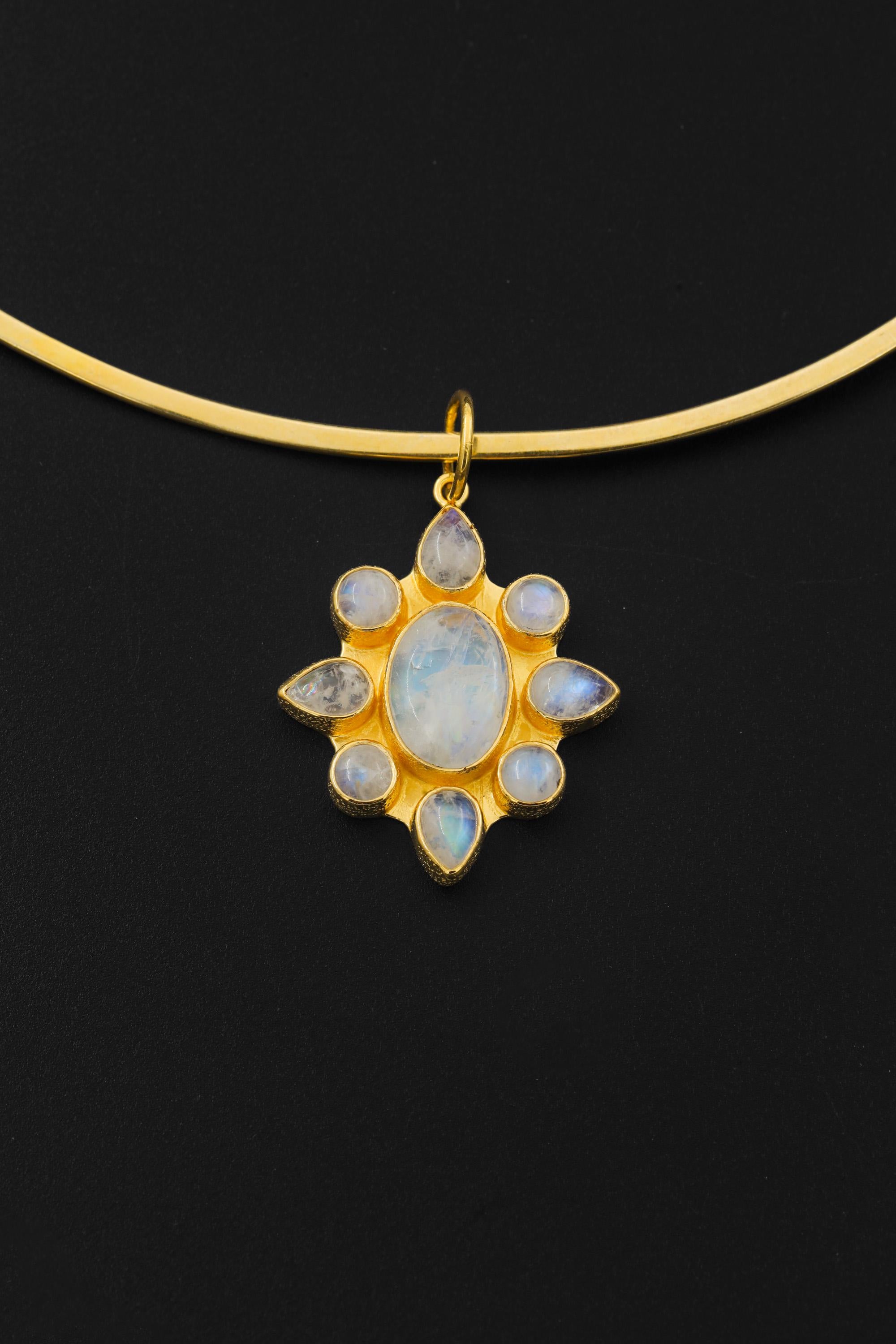Blue Moonstone Sunflower Pendant, 18K Gold Plated Sterling Silver Necklace, Handmade
