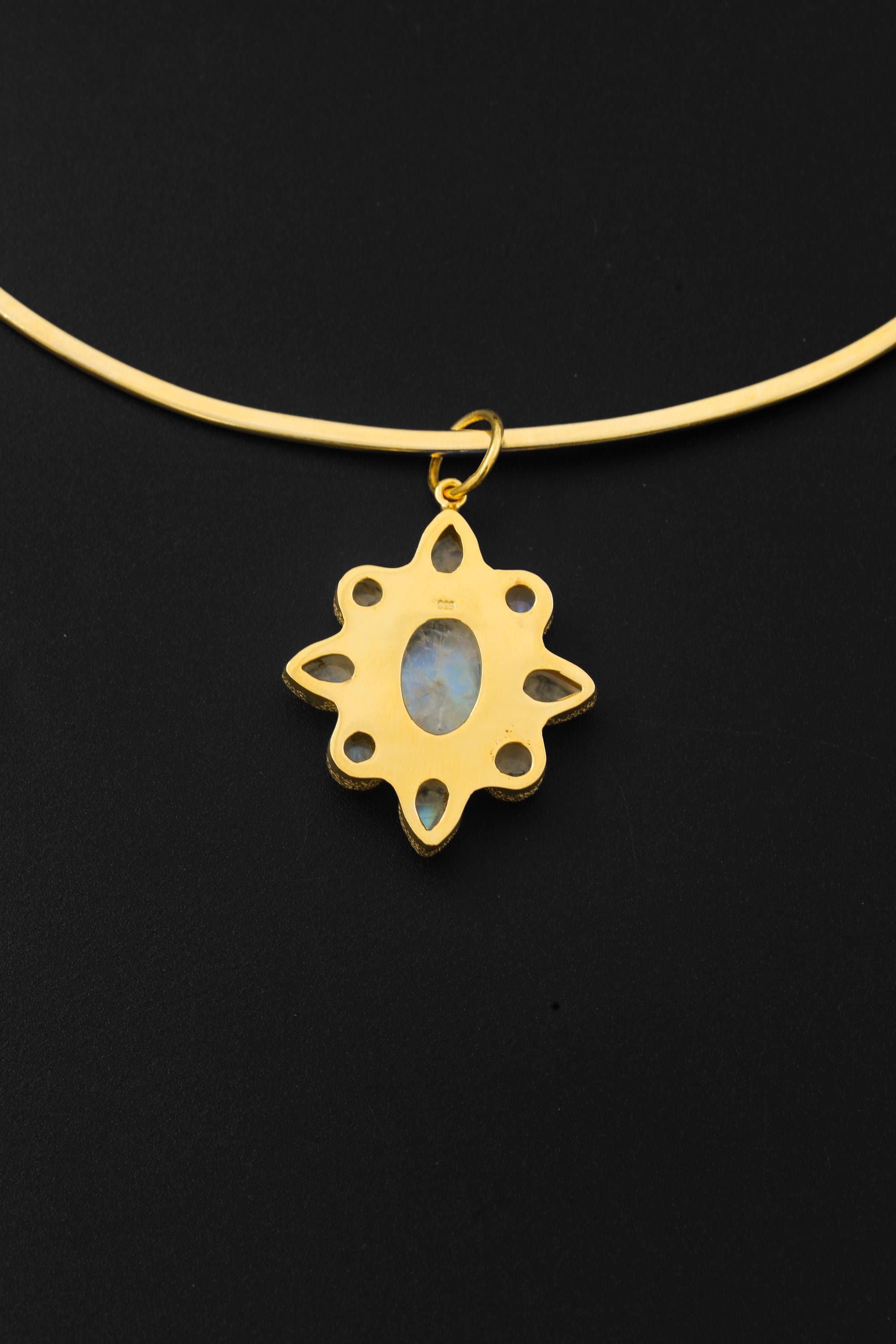 Blue Moonstone Sunflower Pendant, 18K Gold Plated Sterling Silver Necklace, Handmade