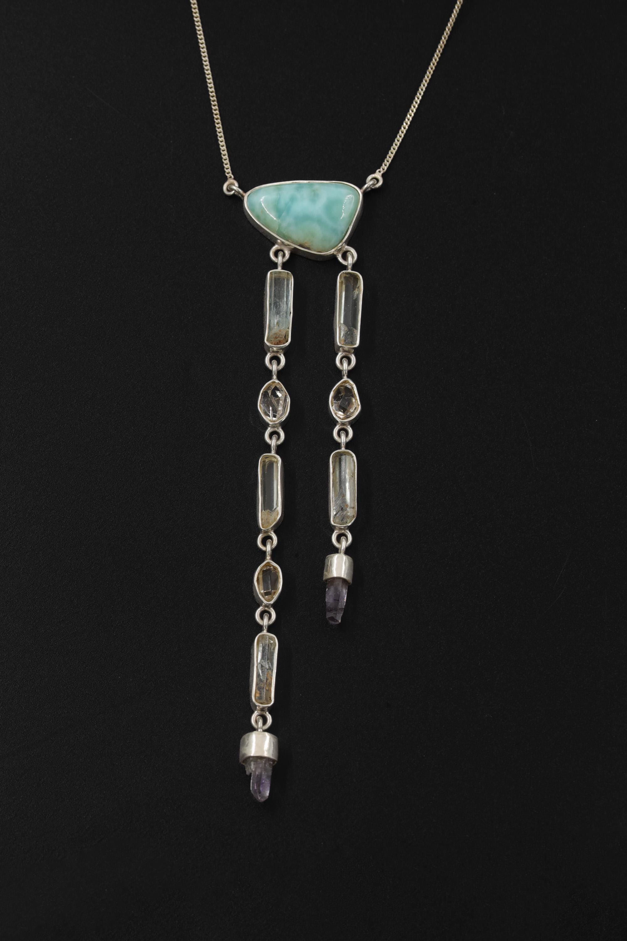 Atlantian Larimar Pendant: Aquamarine, Herkimer Diamond & Vera Cruz Quartz, Sterling Silver