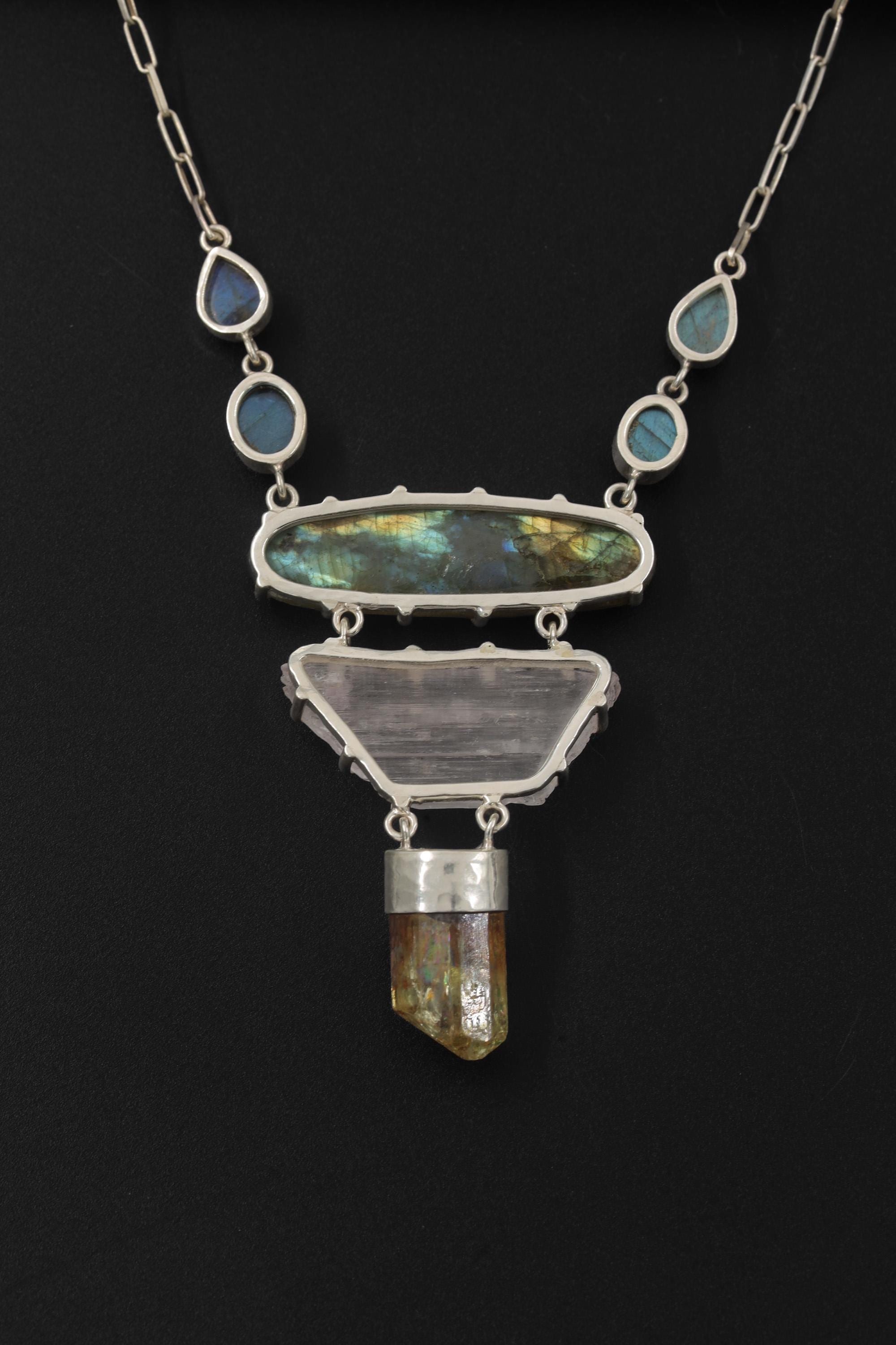 Labradorite Pendant: Sterling Silver, Apatite, Emerald & Kunzite - Chakra Healing Boho Necklace