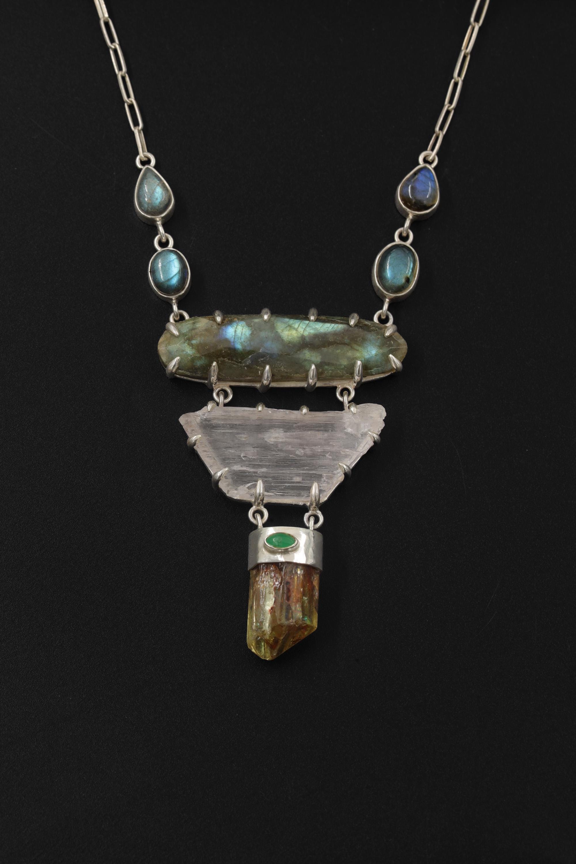 Labradorite Pendant: Sterling Silver, Apatite, Emerald & Kunzite - Chakra Healing Boho Necklace