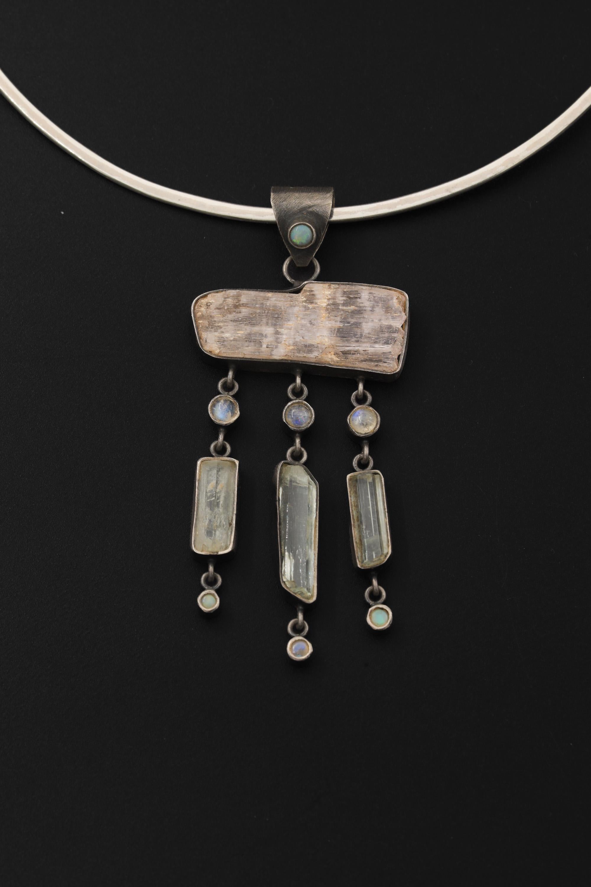 Opal Kunzite Aquamarine Pendant 925 Silver Blue Moonstone Brushed Texture Emotional Healing Jewelry Gift
