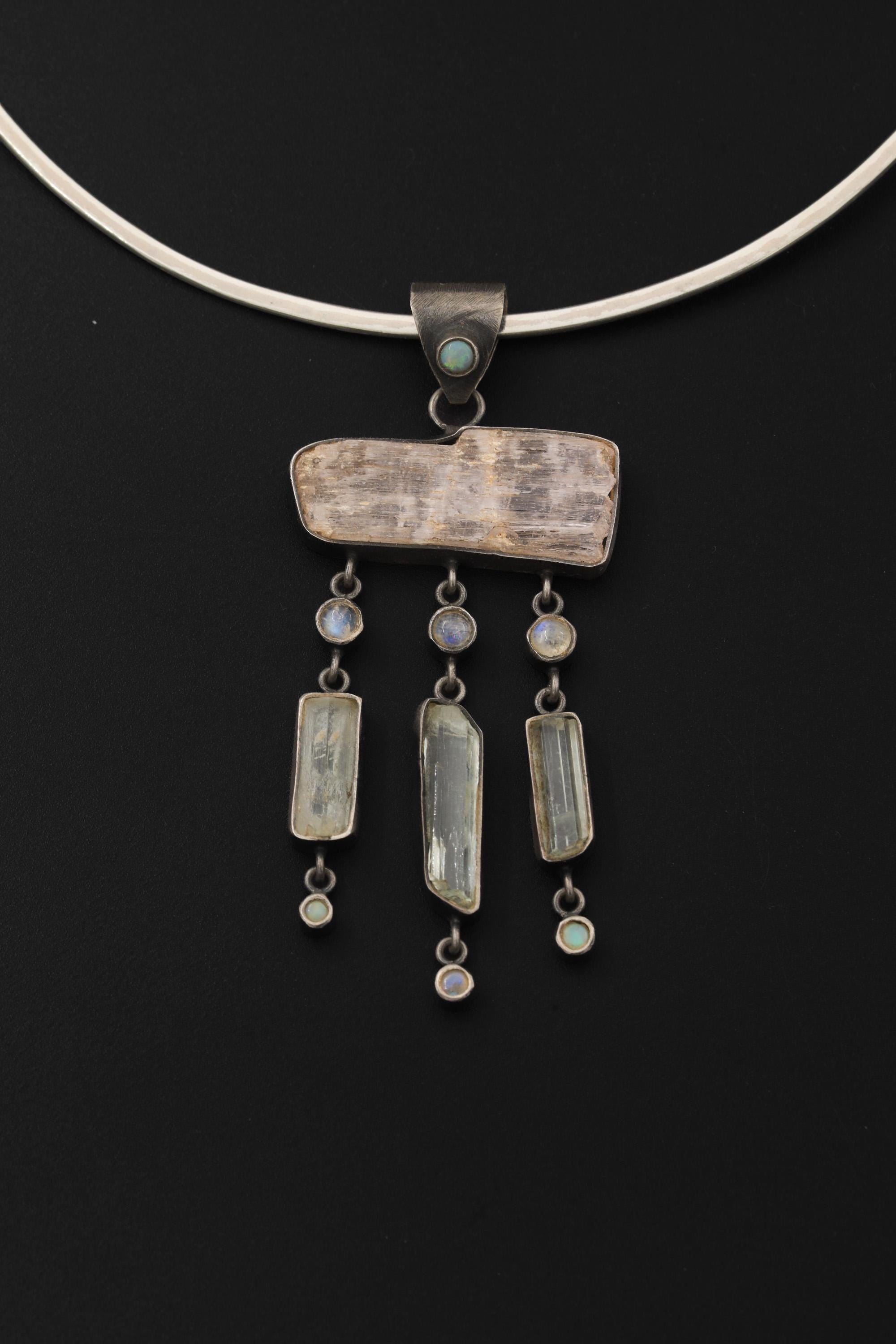 Oxidized Sterling Silver Gemstone Pendant: Opal, Kunzite, Moonstone & Aquamarine