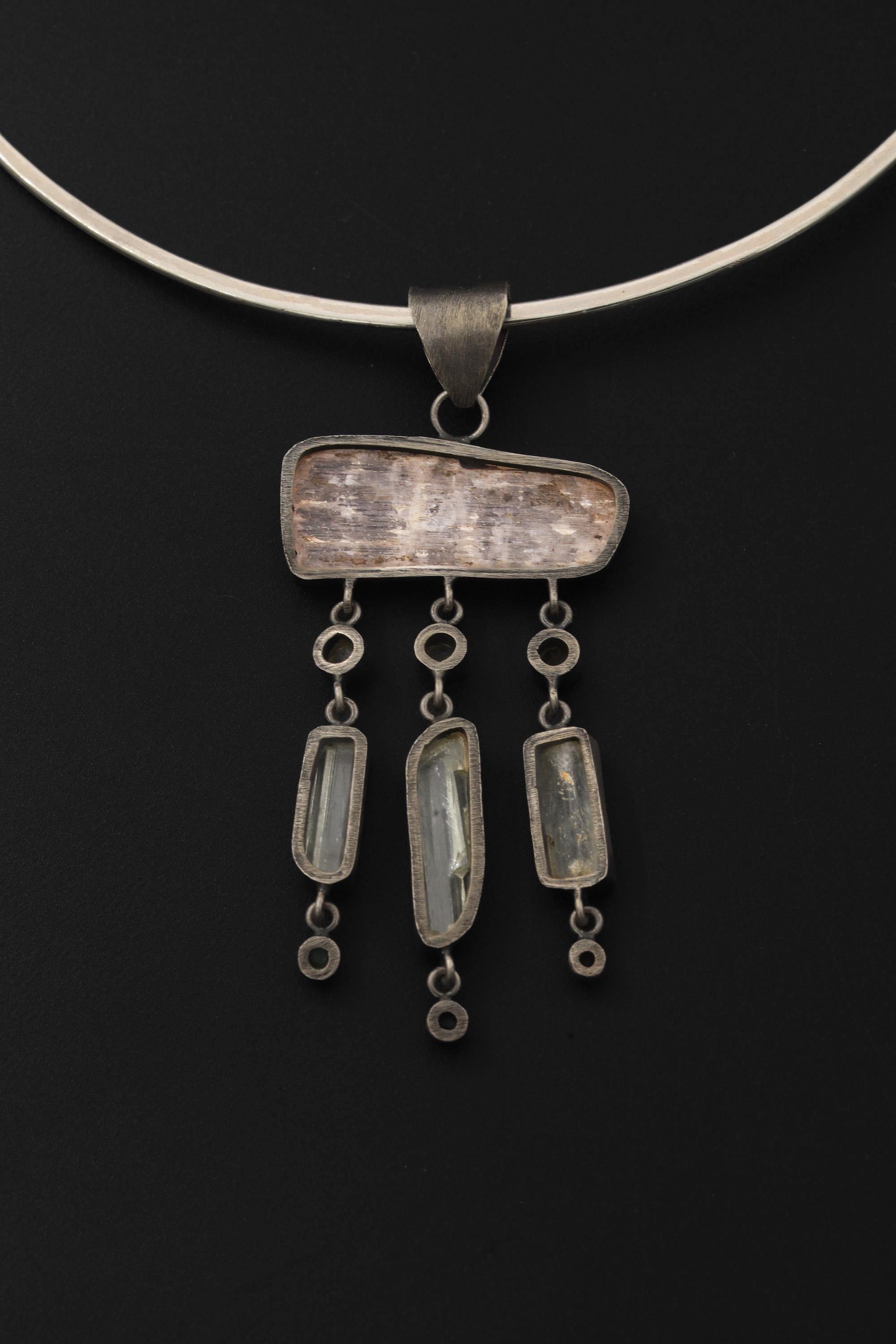 Oxidized Sterling Silver Gemstone Pendant: Opal, Kunzite, Moonstone & Aquamarine