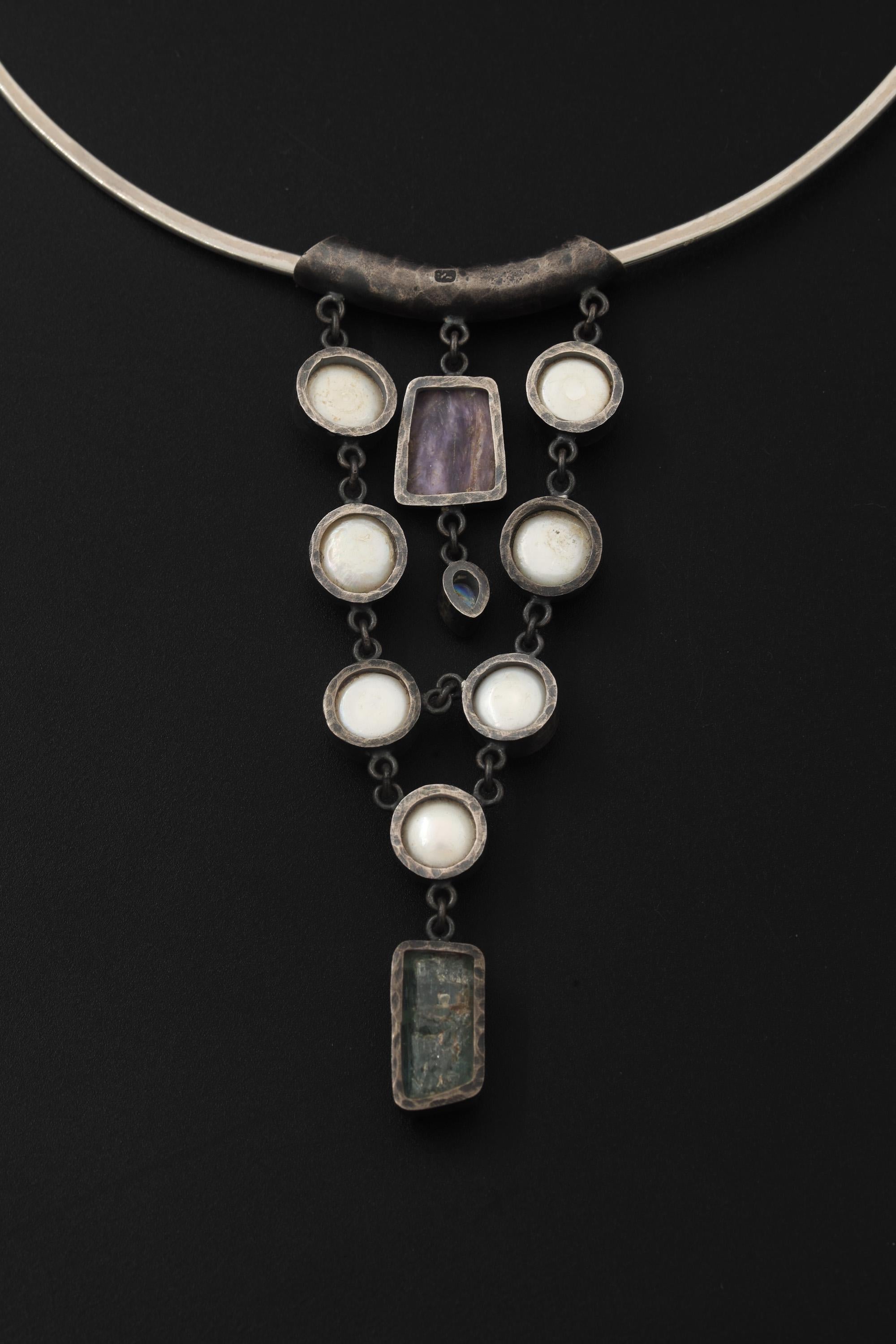 Pearl Charoite Moonstone Aquamarine Pendant 925 Silver Oxidized Ocean Necklace Crown Throat Chakra Gift