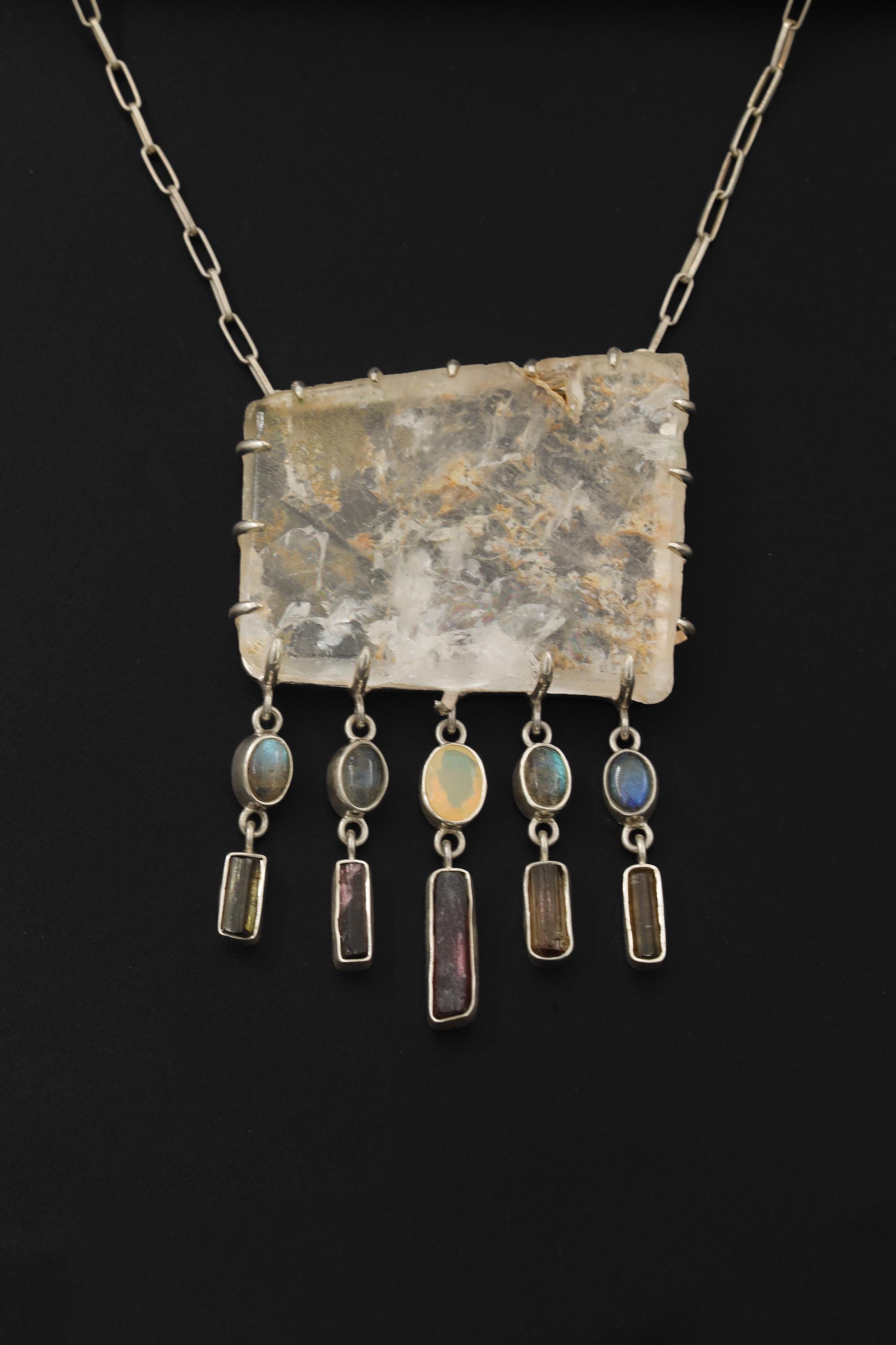 Inclusion Quartz Pendant Necklace: Sterling Silver, Tourmaline, Opal & Labradorite