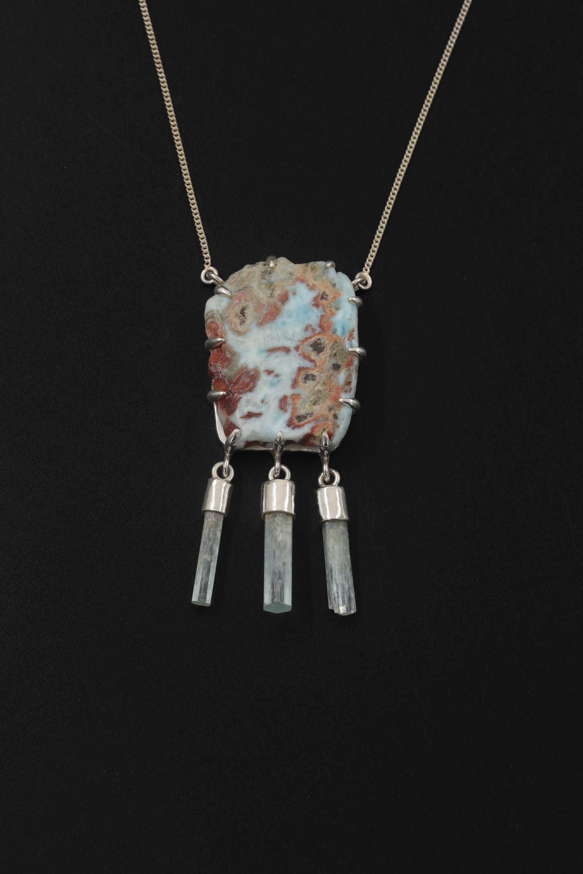 Raw Larimar Aquamarine Necklace: Sterling Silver Pisces Zodiac Pendant