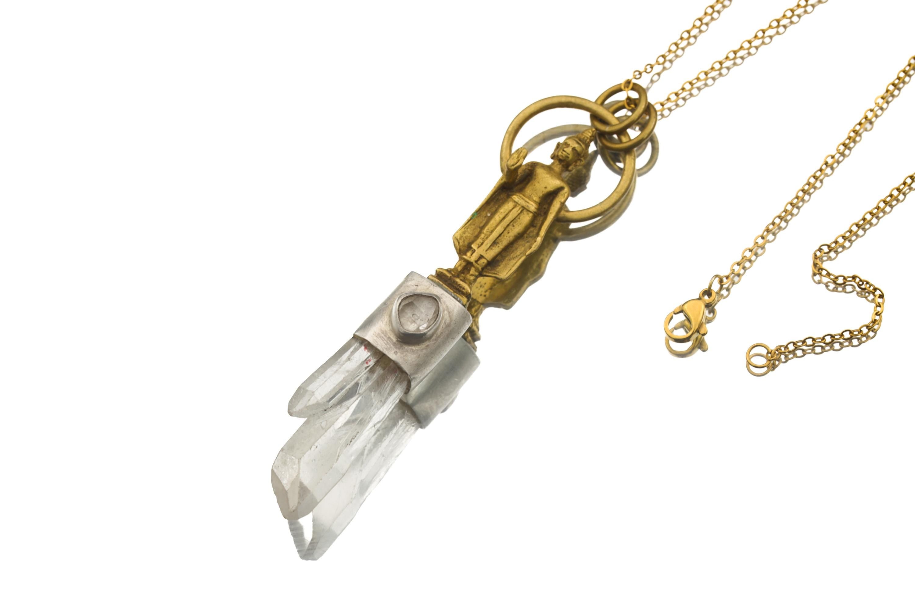 Himalayan Twin Quartz Pendant: Herkimer Diamond, Brass Buddha, Sterling Silver