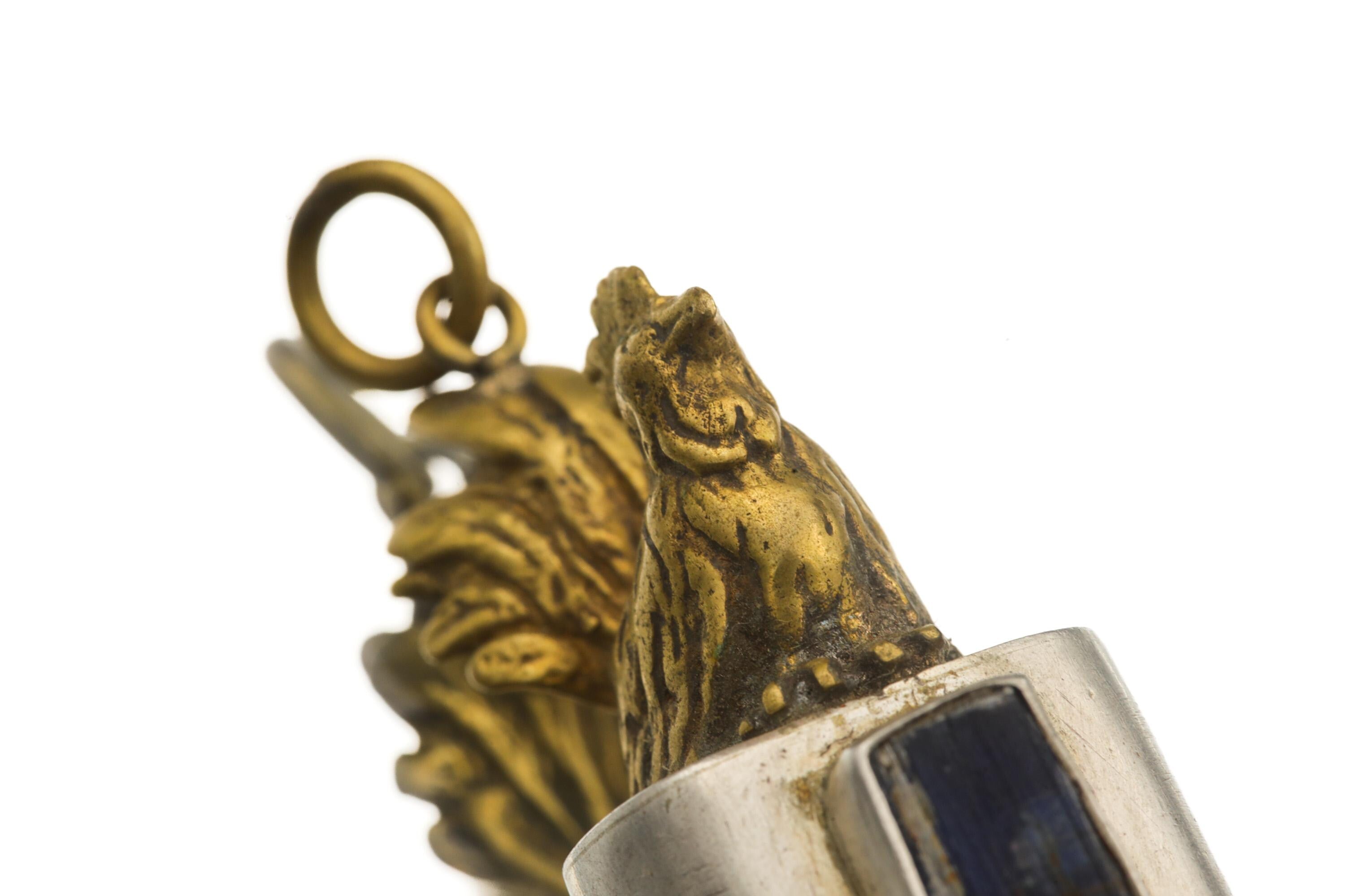 Kyanite & Quartz Crystal Pendant: Brass Rooster, Sterling Silver Talisman