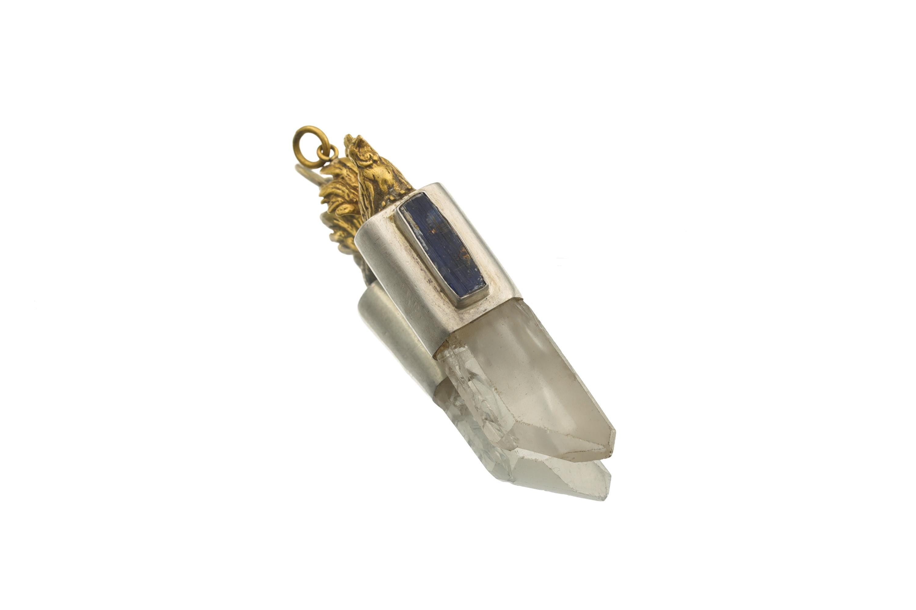 Kyanite & Quartz Crystal Pendant: Brass Rooster, Sterling Silver Talisman