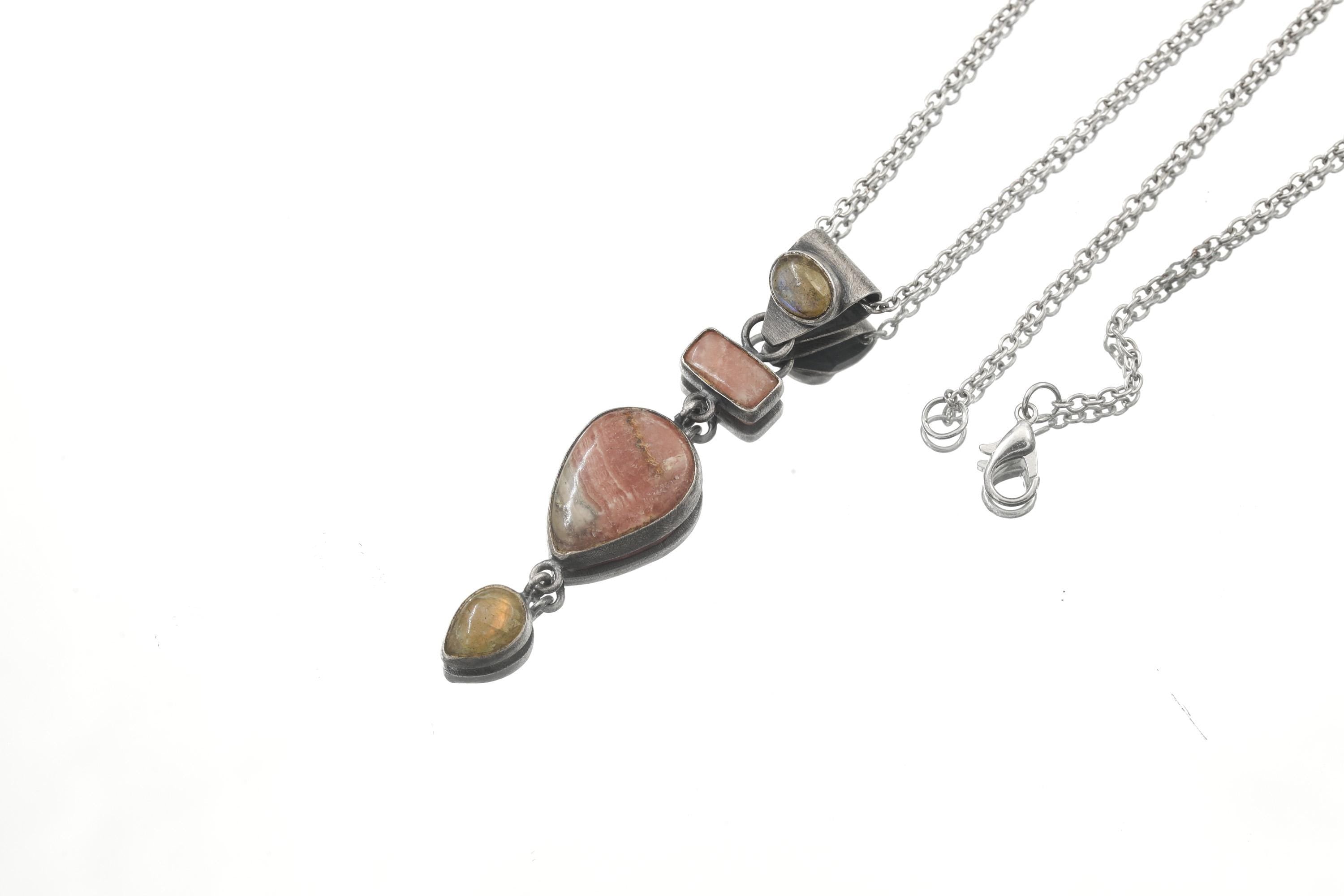 Labradorite Rhodochrosite Pendant, Moonstone Bail, Oxidized Sterling Silver, Brush Texture Crystal Charm, Heart Chakra Cancer
