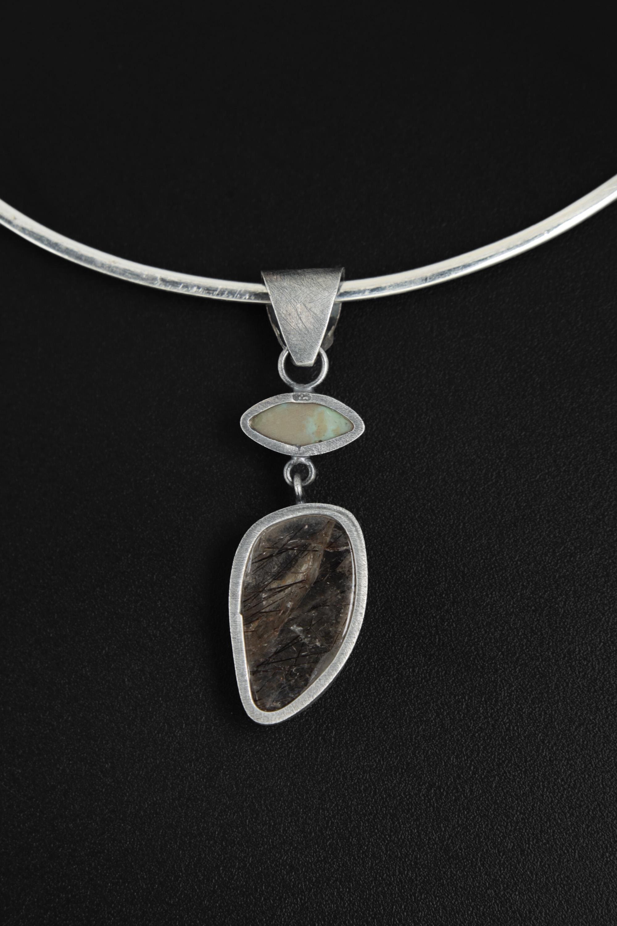 Ethiopian Opal Sapphire Black Rutile Quartz Pendant, Oxidized Sterling Silver Eye Charm, Brush Texture, Aged Look Talisman