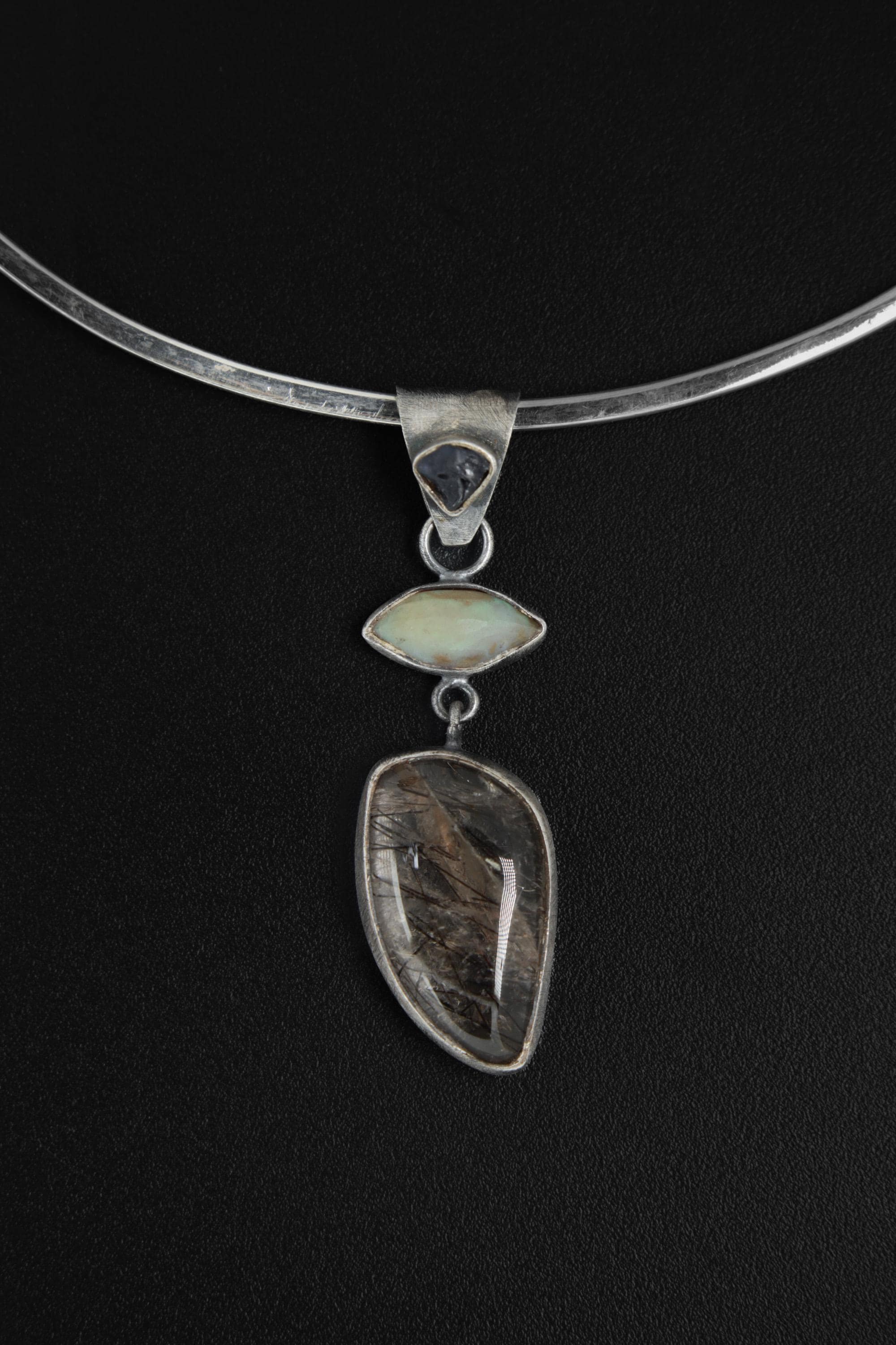 Ethiopian Opal Sapphire Black Rutile Quartz Pendant, Oxidized Sterling Silver Eye Charm, Brush Texture, Aged Look Talisman