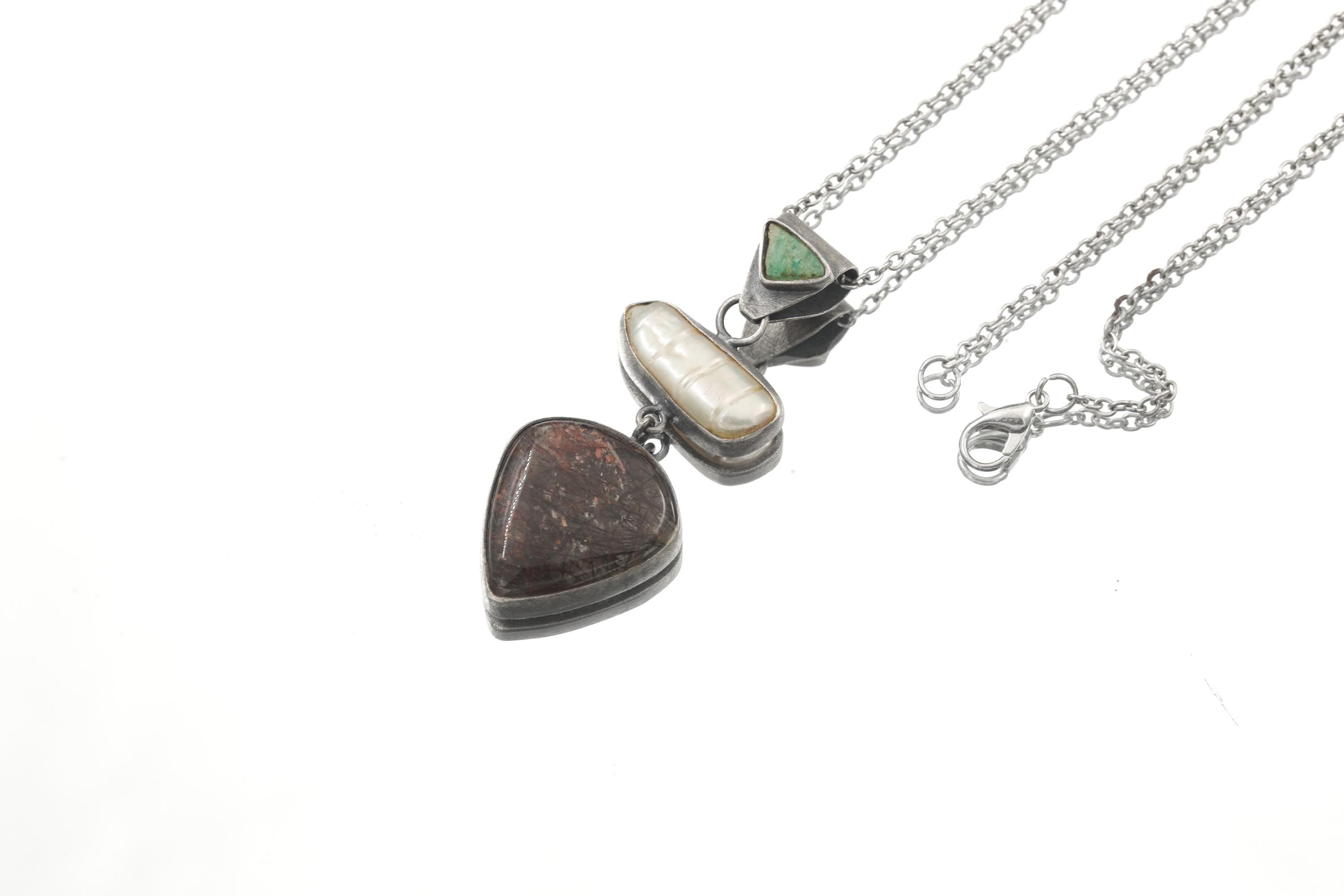 South Sea Pearl Black Rutile Quartz Pendant 925 Silver Oxidized Crystal Necklace Brush Texture Lunar Protection Gift