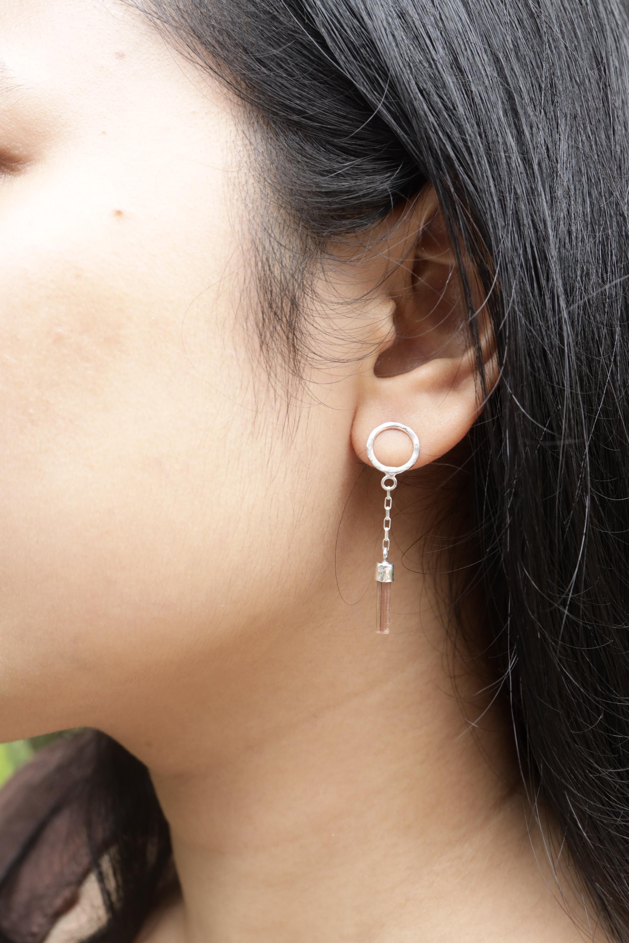 Pink Tourmaline Sterling Silver Chain Earrings: Hammered Stud Dangle