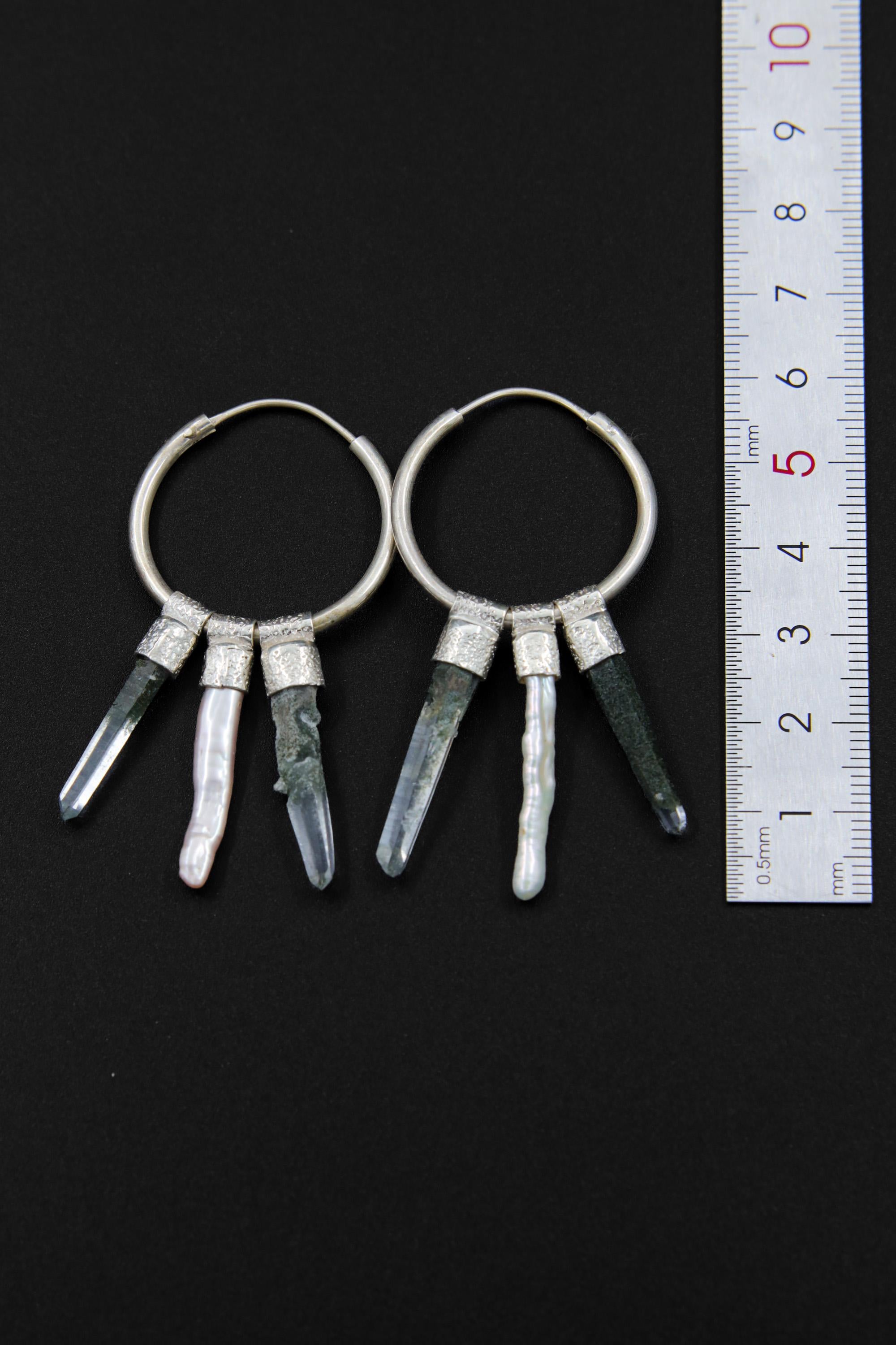 Himalayan Chlorite Quartz & Pearl Stack Pendant Earring, Sterling Silver Big Hoop, Multifunctional Jewelry,Virgo, Cancer Zodiac, Unique Gift