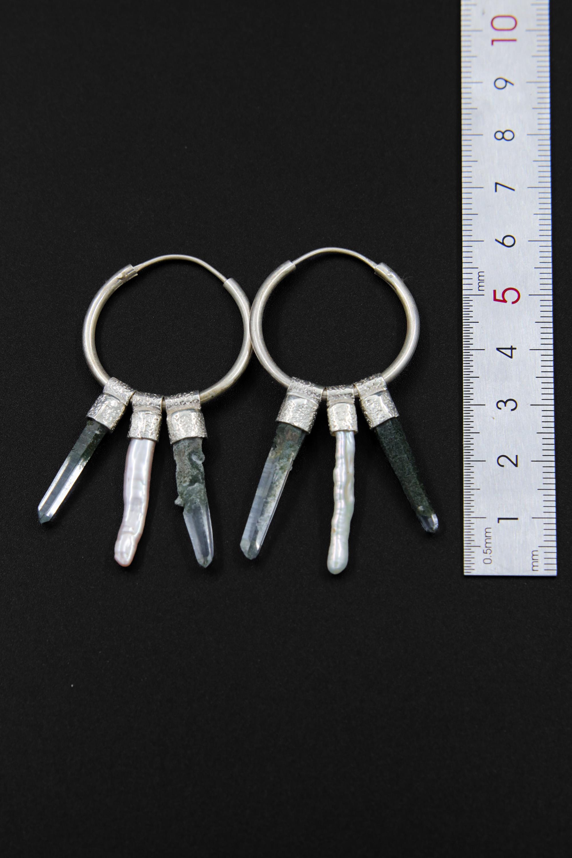 Himalayan Chlorite Quartz Pearl stack hoop earrings shown beside a ruler for scale with large sterling silver hoops.