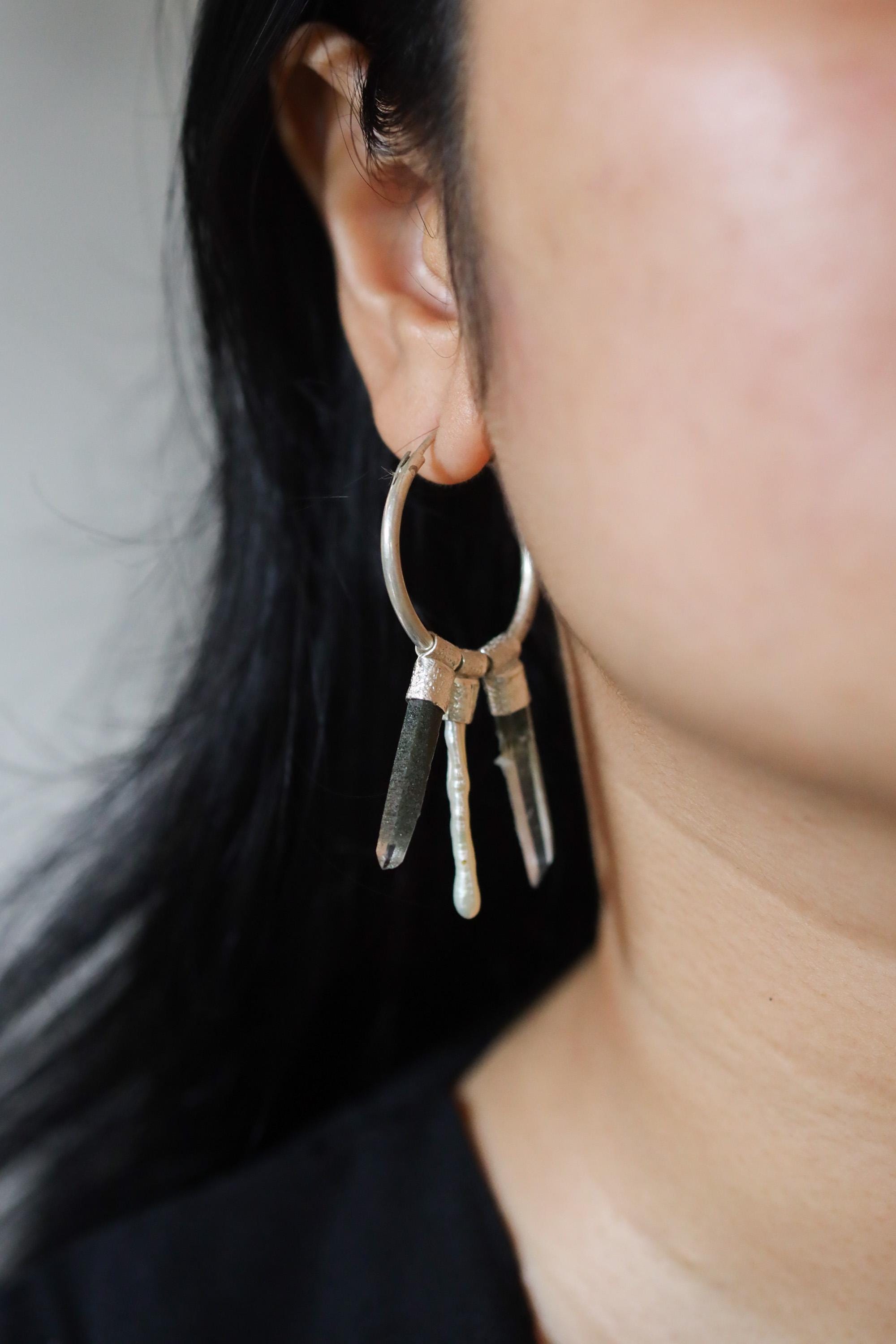 Himalayan Chlorite Quartz & Pearl Stack Pendant Earring, Sterling Silver Big Hoop, Multifunctional Jewelry,Virgo, Cancer Zodiac, Unique Gift