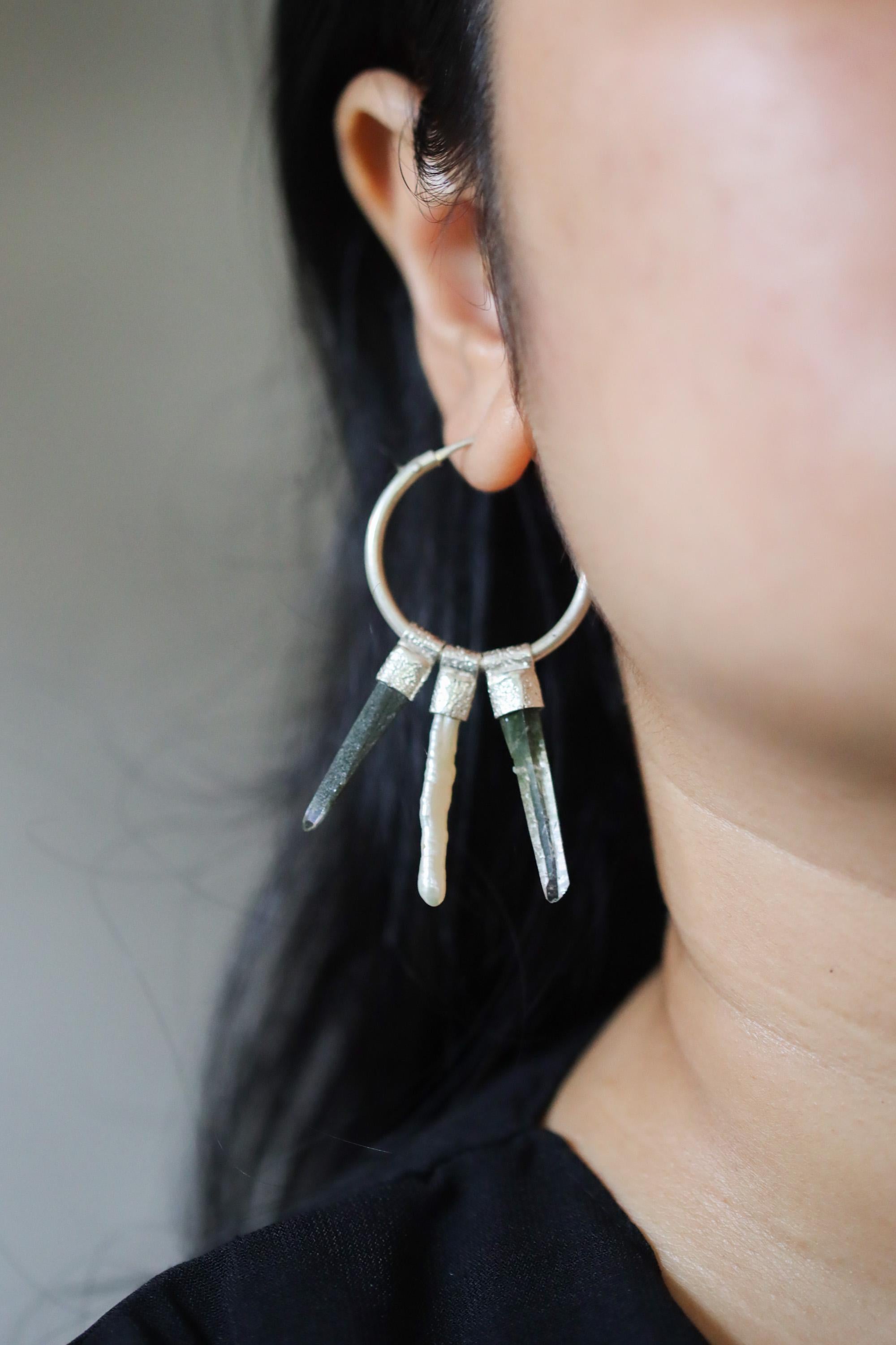 Himalayan Chlorite Quartz & Pearl Stack Pendant Earring, Sterling Silver Big Hoop, Multifunctional Jewelry,Virgo, Cancer Zodiac, Unique Gift