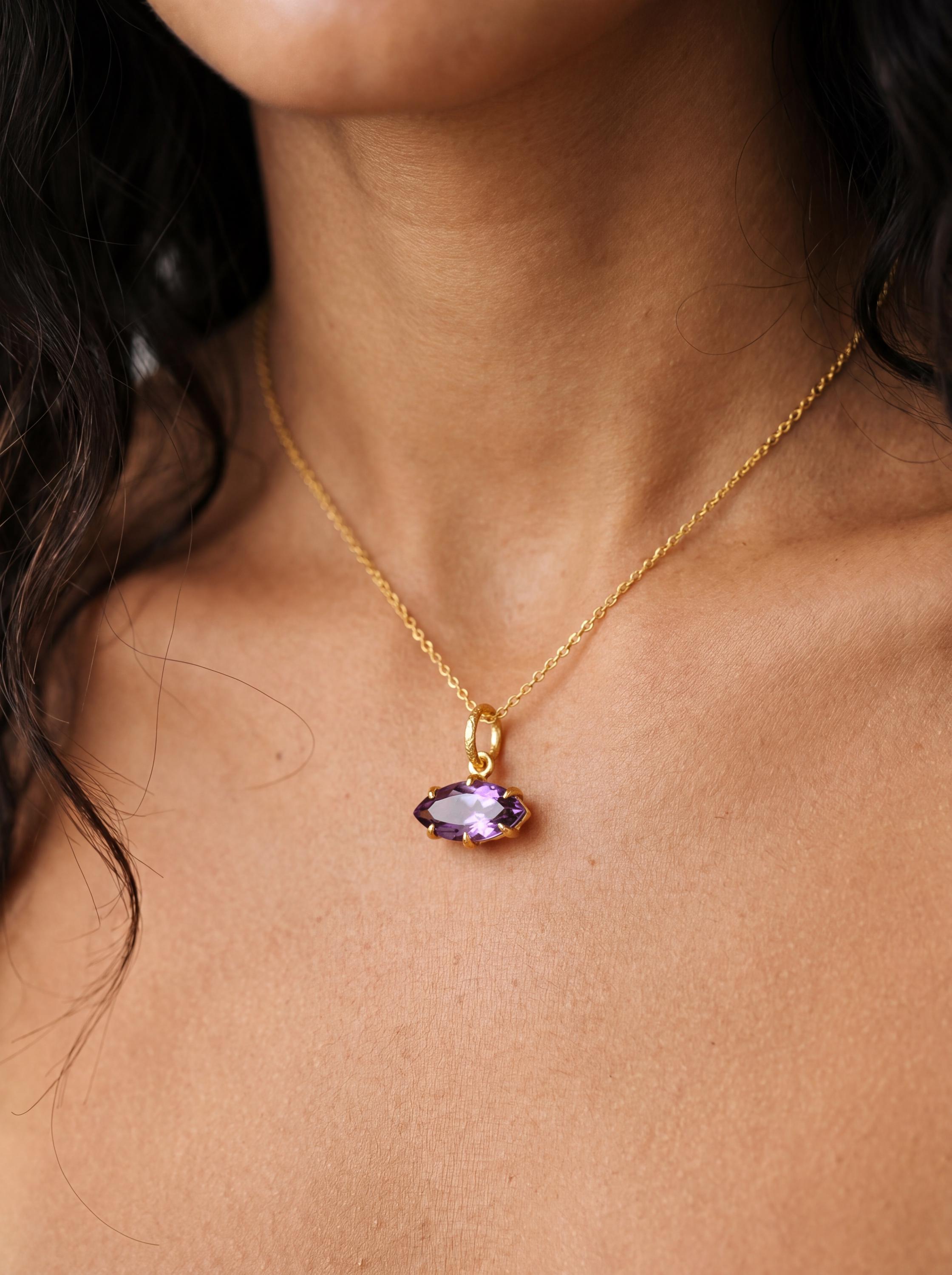 Amethyst Eye Pendant 925 Sterling Silver 18k Gold Plated Marquise Claw Set Sand Textured Necklace Crown Third Eye Chakra Gift