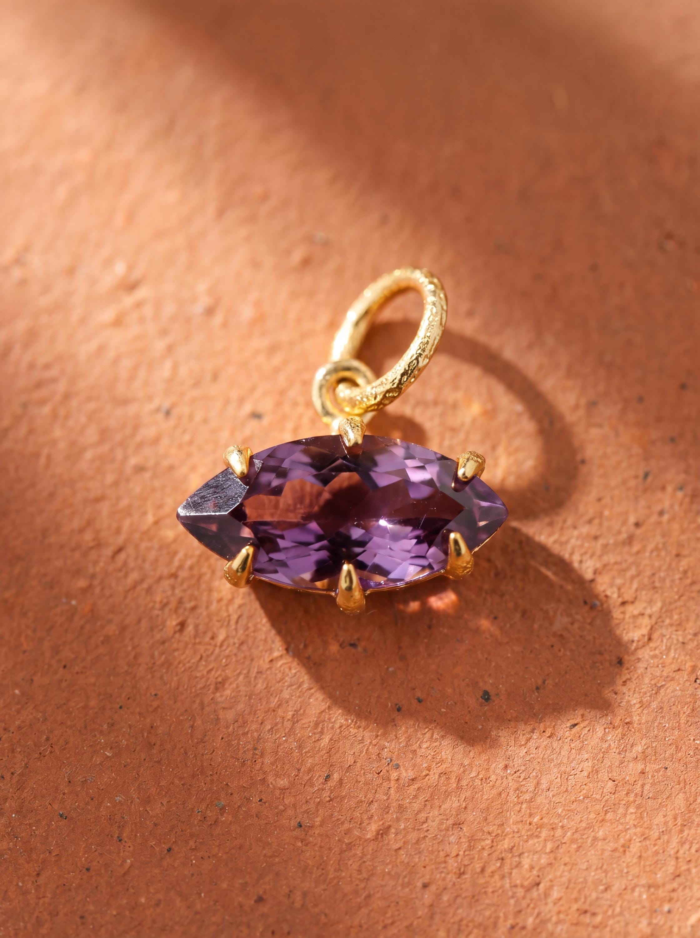 Amethyst Eye Pendant 925 Sterling Silver 18k Gold Plated Marquise Claw Set Sand Textured Necklace Crown Third Eye Chakra Gift