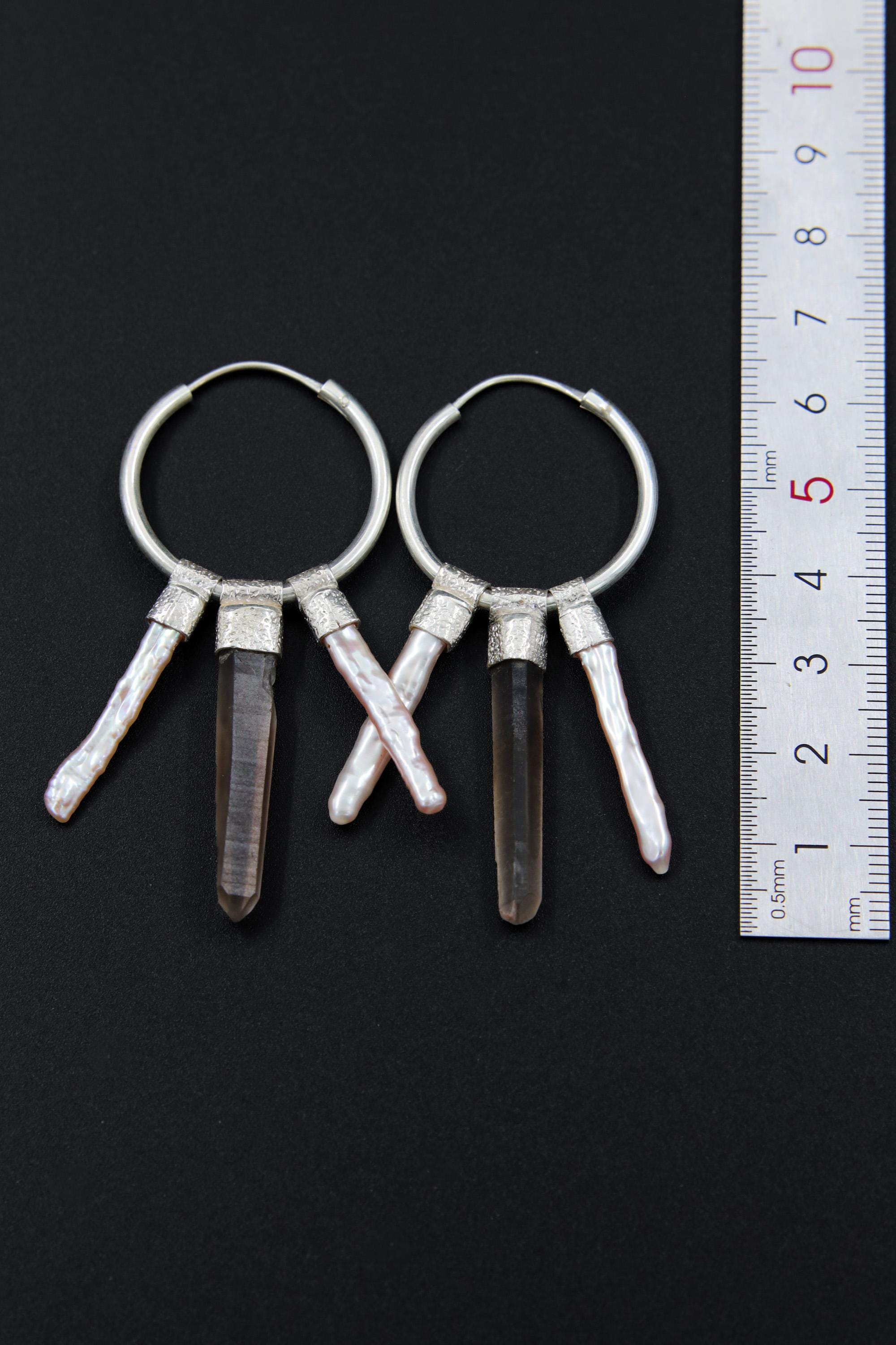 Smoky Quartz Pearl sterling silver hoop earrings shown beside a ruler for scale with stacked gemstone design.