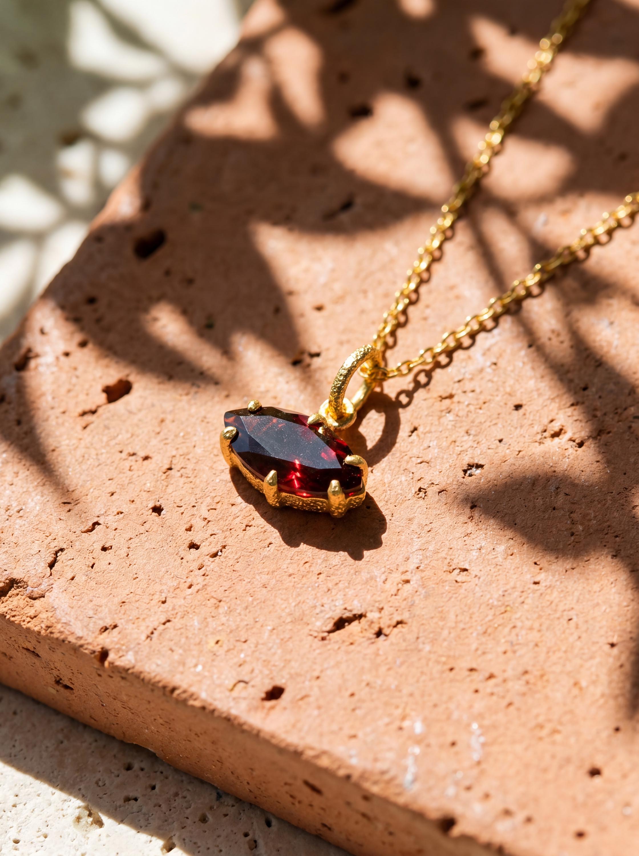 Garnet Pendant 925 Sterling Silver 18k Gold Plated Sand Textured Claw Set Marquise Necklace Root Chakra January Birthstone Gift