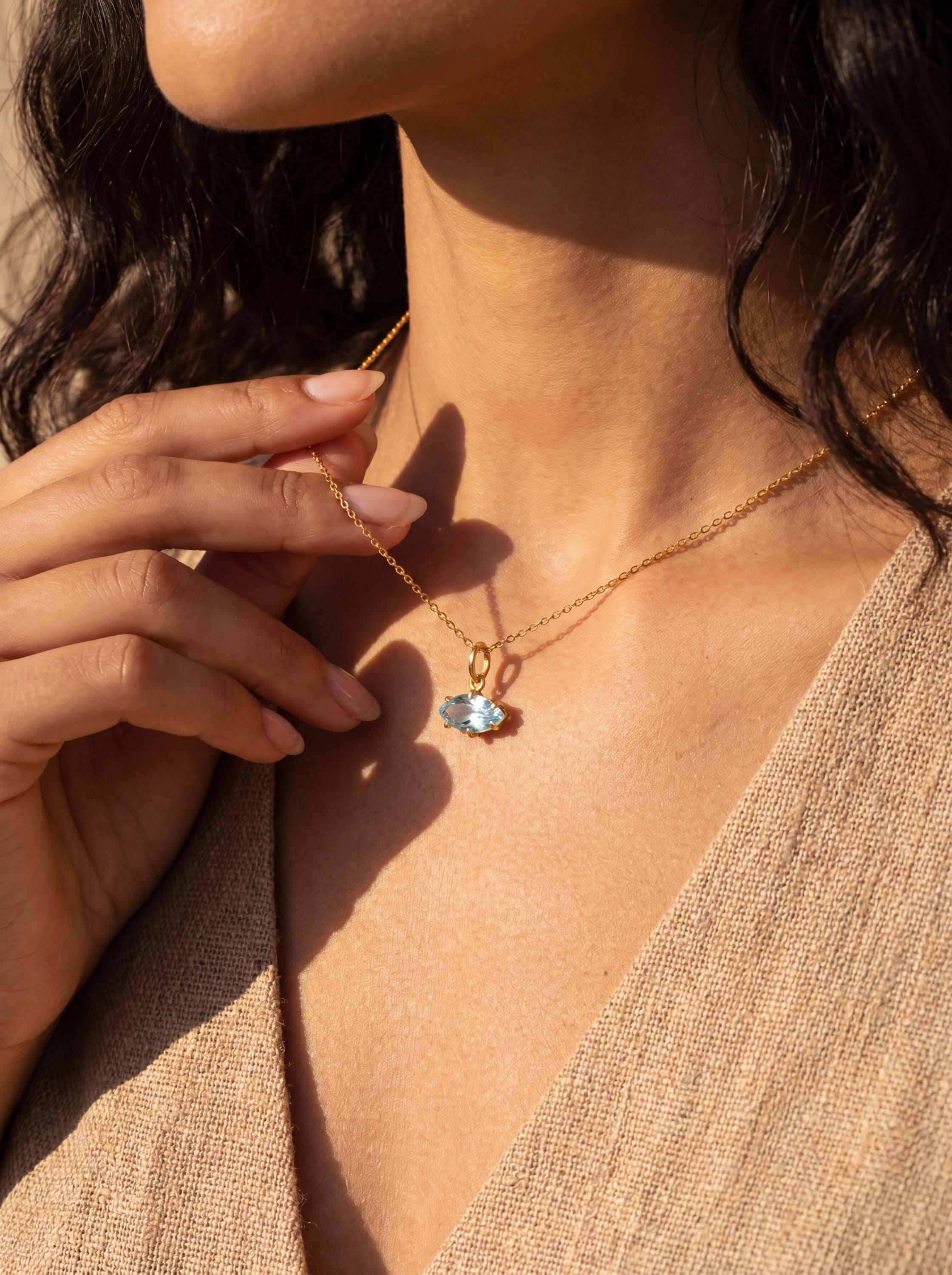 Faceted Blue Topaz Pendant 925 Silver Gold Plated Eye Shape Crystal Necklace Sagittarius Scorpio Jewelry
