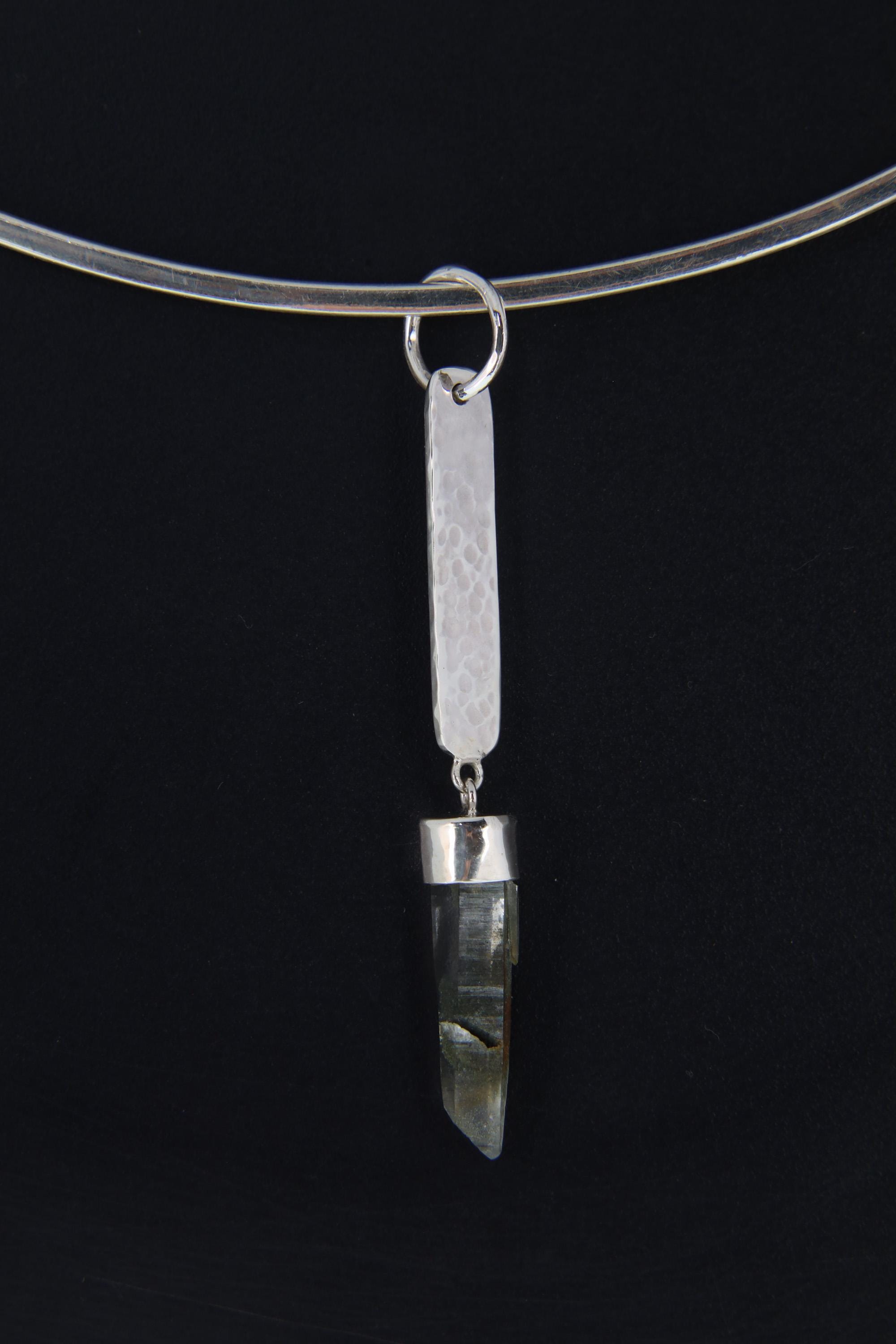 Raw Gem Himalayan Quartz Pendant - Sterling Silver & Textured - Flat Shape
