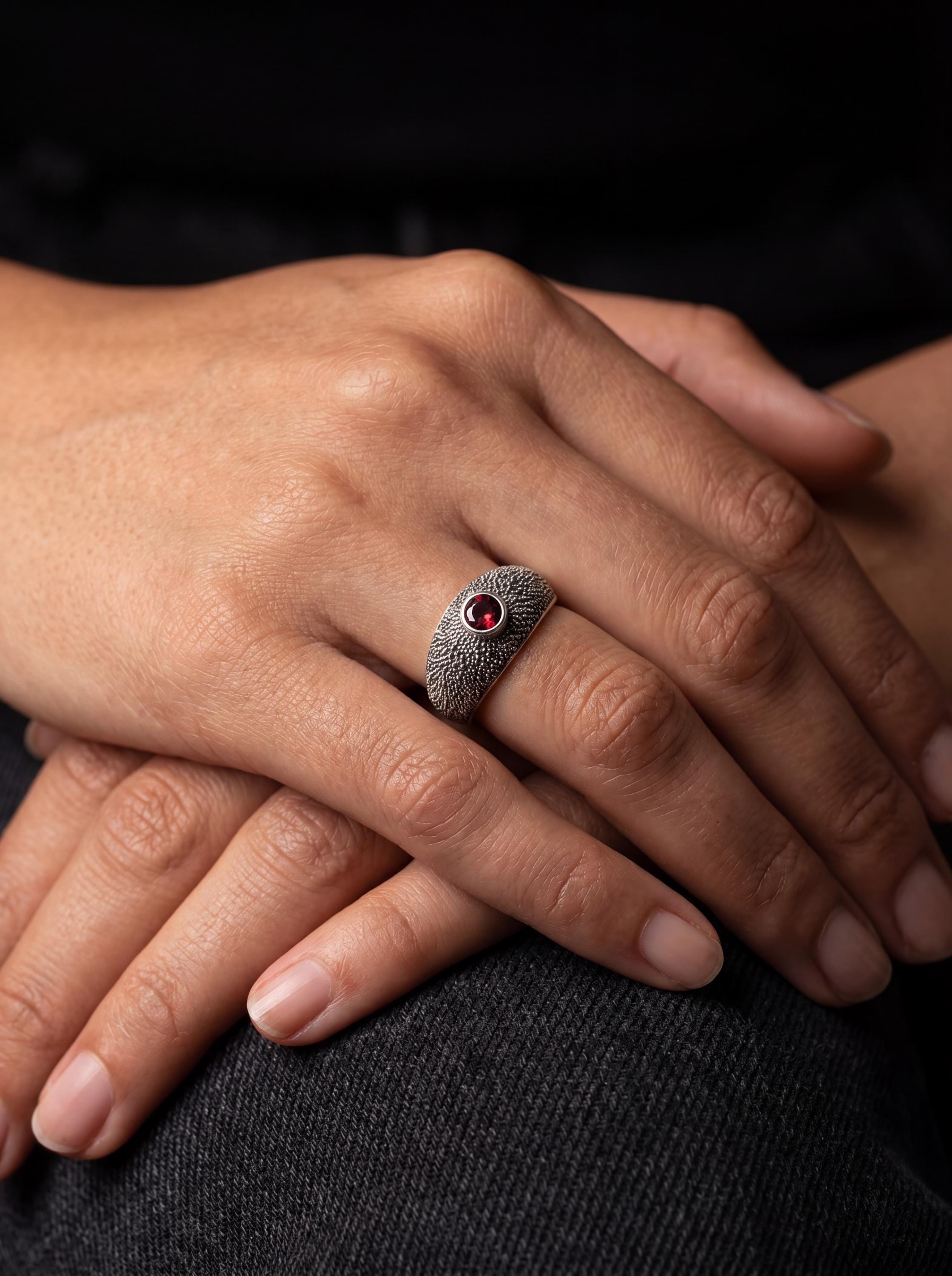 Red Garnet Silver Ring 925 Sterling Silver Textured Oxidized Finish Faceted Garnet Ring Minimalist Statement Jewelry Root Chakra Gift