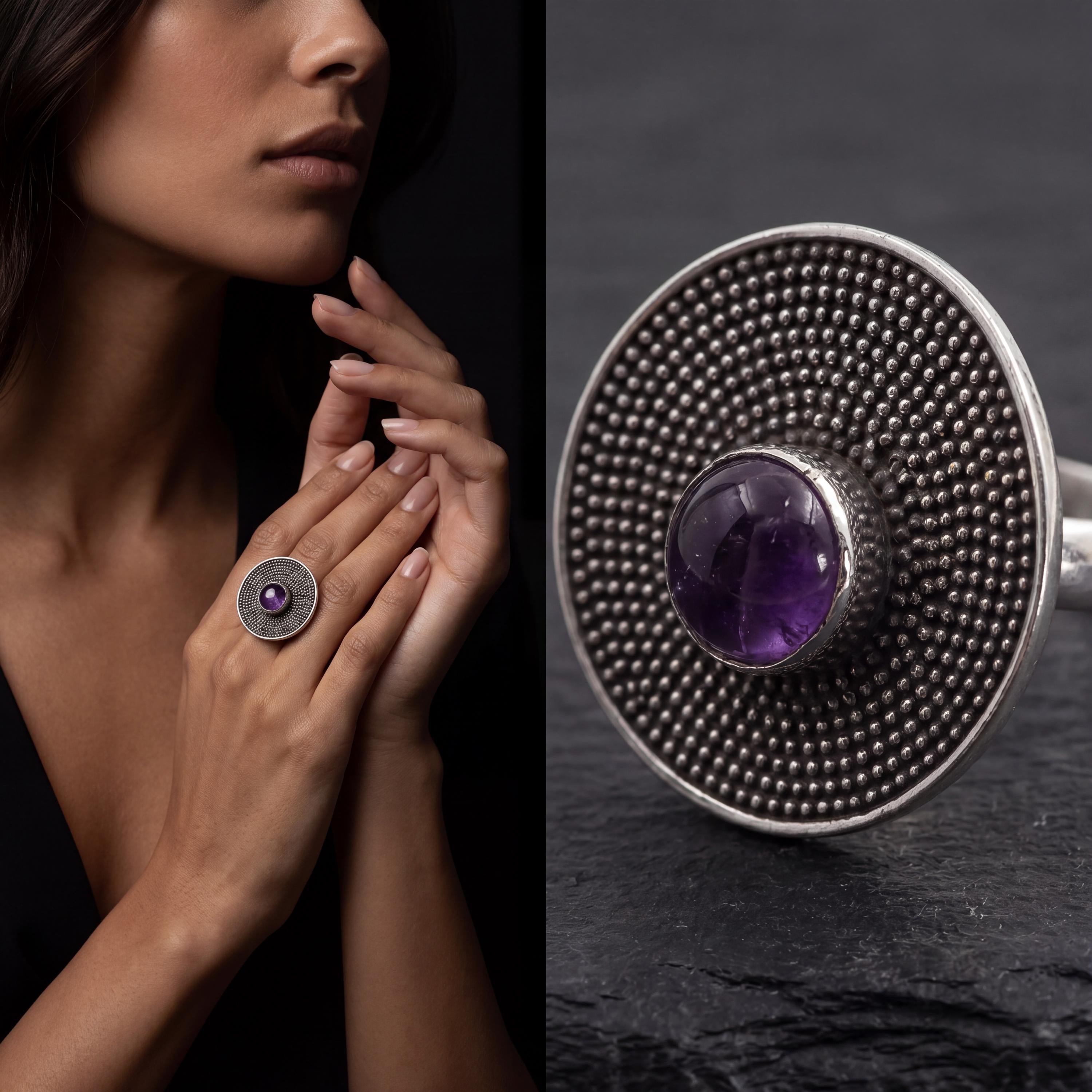 Adjustable Amethyst Ring 925 Sterling Silver Solar Disc Ring Violet Cabochon Crown Chakra Statement Jewelry Gift