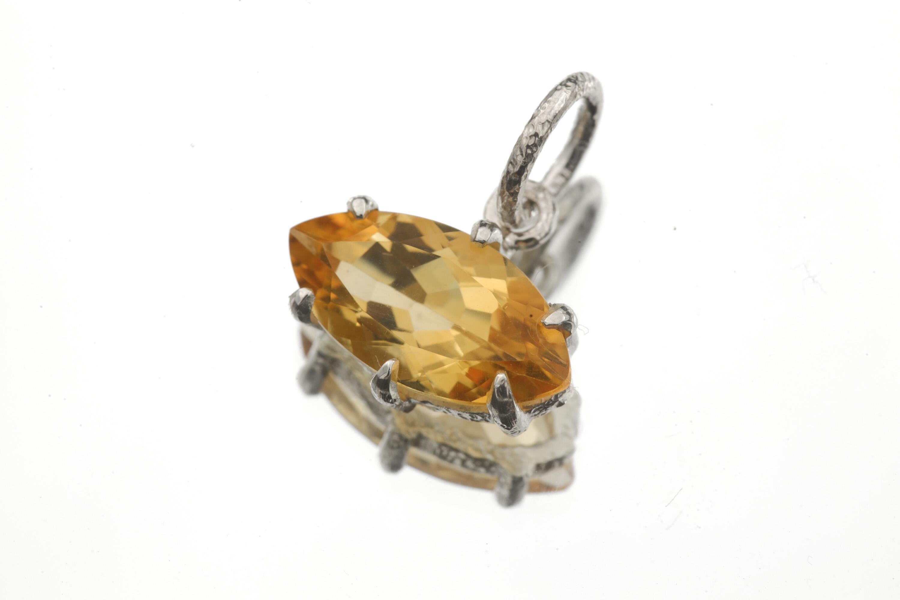 Citrine Marquise Pendant 925 Sterling Silver High Shine Claw Necklace Solar Plexus Chakra Leo Fire Gift