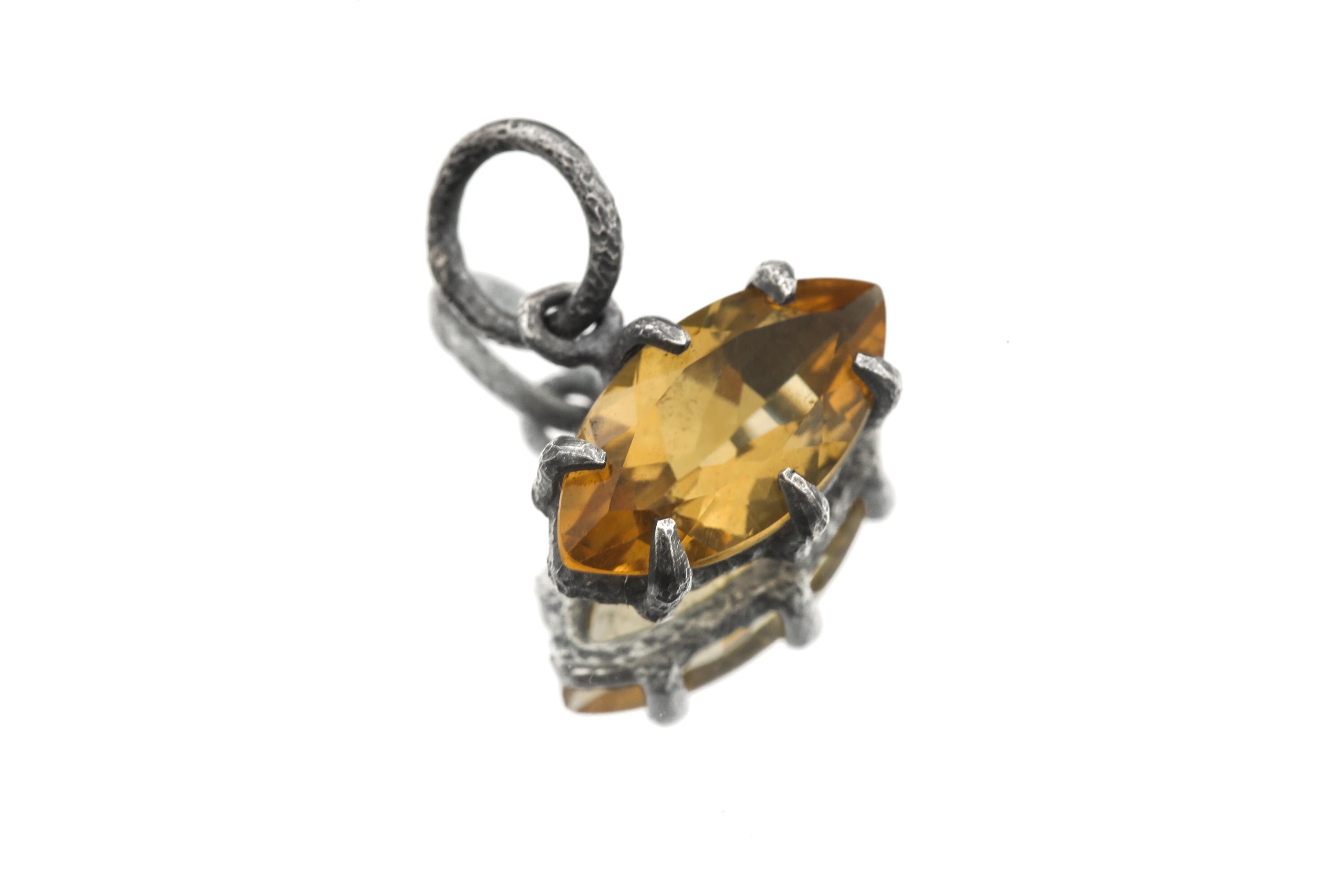 Faceted Marquise Citrine Pendant, 925 Sterling Silver Sand Texture Claw Set Talisman, Solar Plexus Gemstone, Oxidized Gift