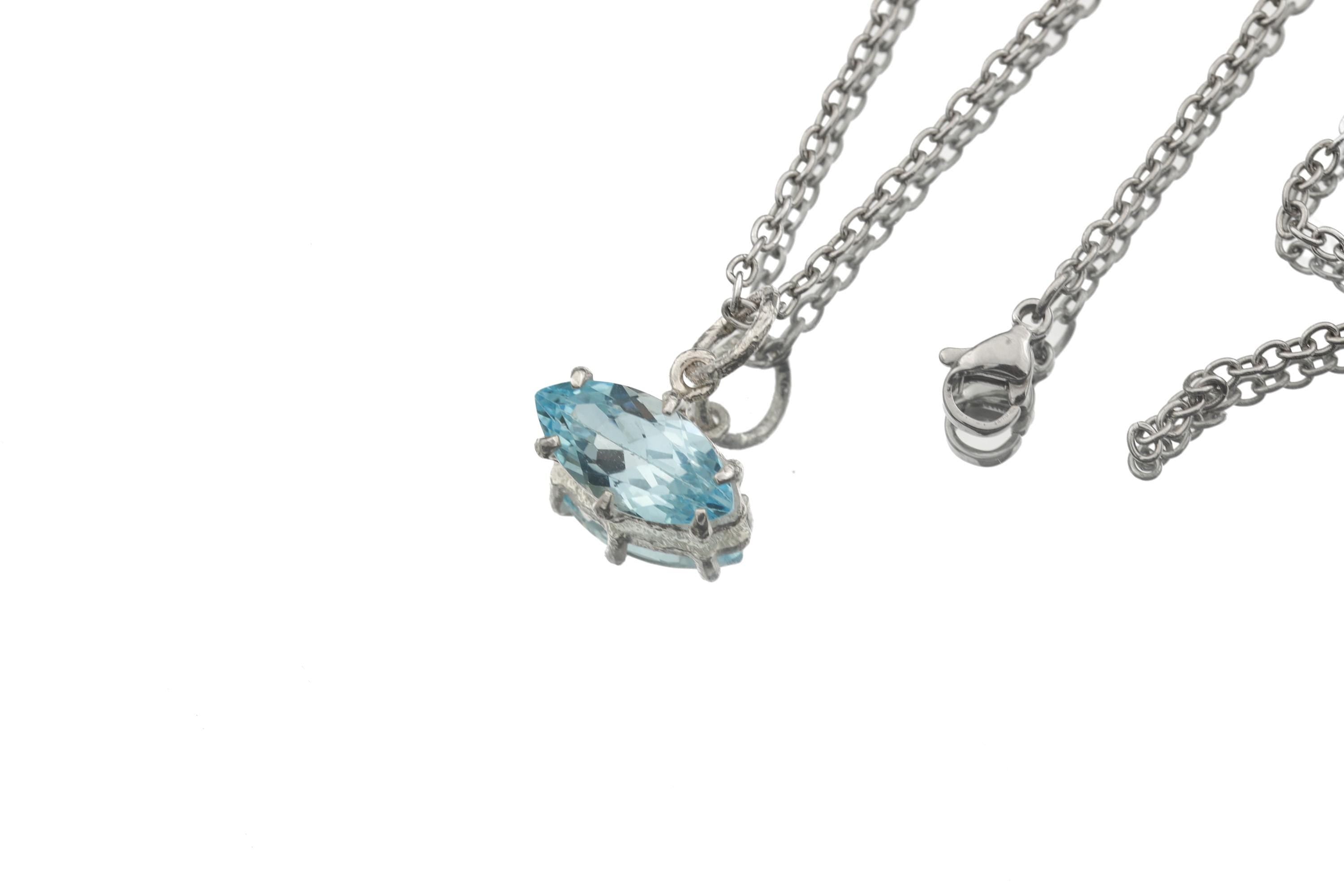 Blue Topaz Eye Pendant 925 Silver Marquise Faceted Claw Set Necklace Shiny Sand Texture Sky Blue Gemstone Throat Chakra Jewelry