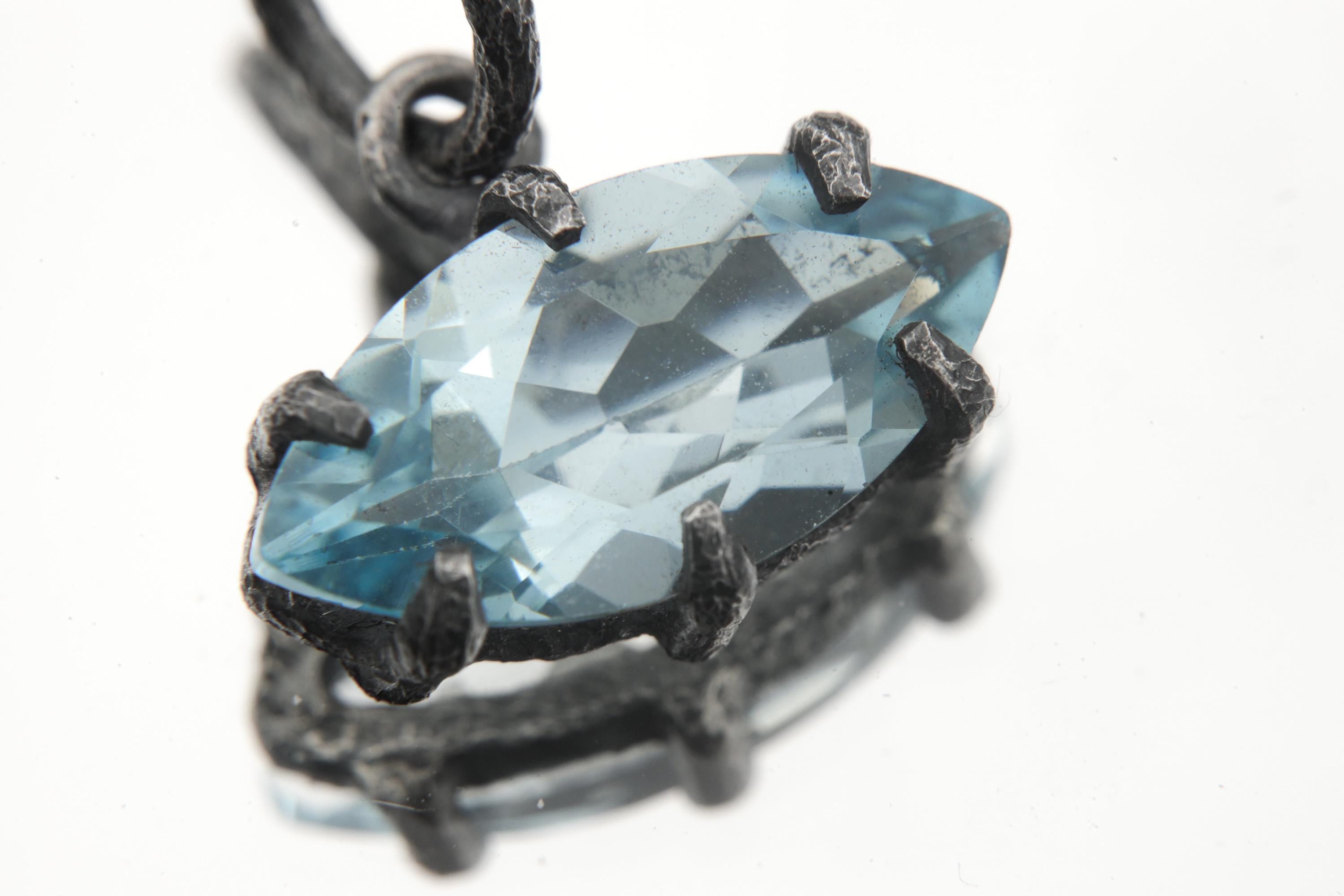 Claw Set Blue Topaz Eye Pendant 925 Sterling Silver Marquise Faceted Necklace Oxidized Sand Texture Throat Chakra December Birthstone Gift